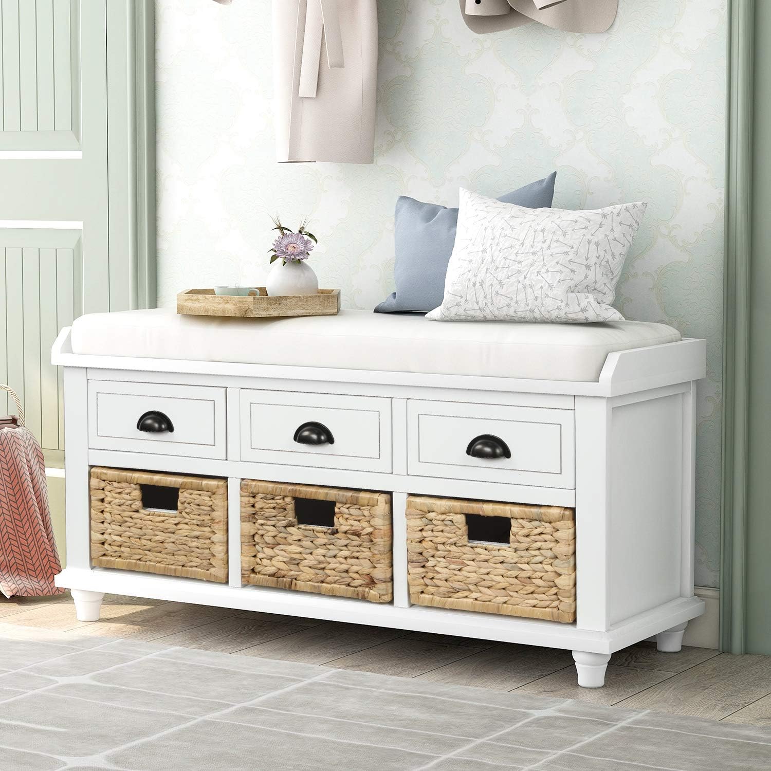 Mudroom Living Room Storage Bench with 4 Storage Drawers White, 4 Drawer Rustic Entryway Bench/Shoe Bench with Cushioned Seat for Entryway Hallway