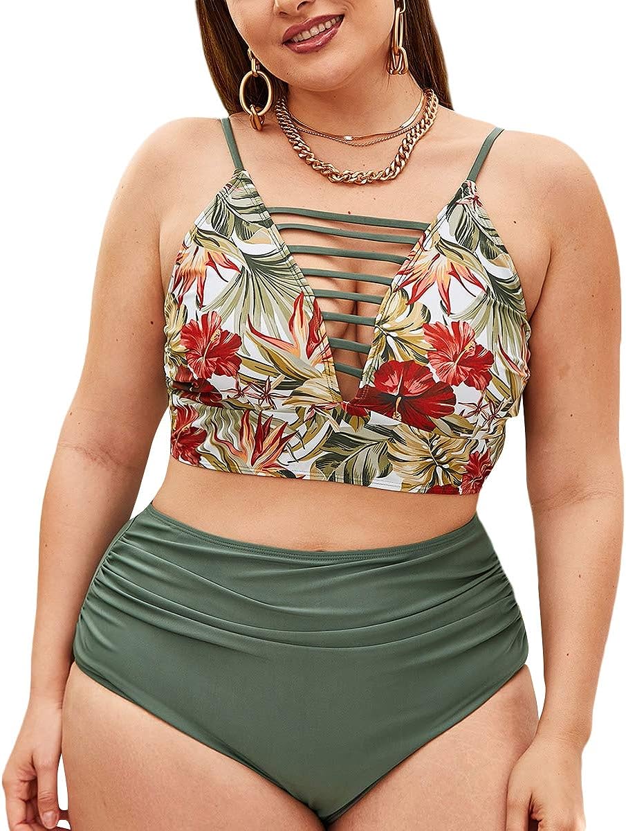 Romwe Women's Plus Size Floral Print High Waist Bikini Swimsuit Ruched 2 Piece Bathing Suit