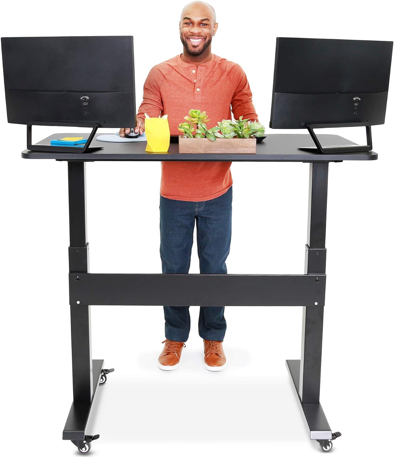 White DEVAISE Height Adjustable Standing Desk with Side Crank Handle; 140cm Wide