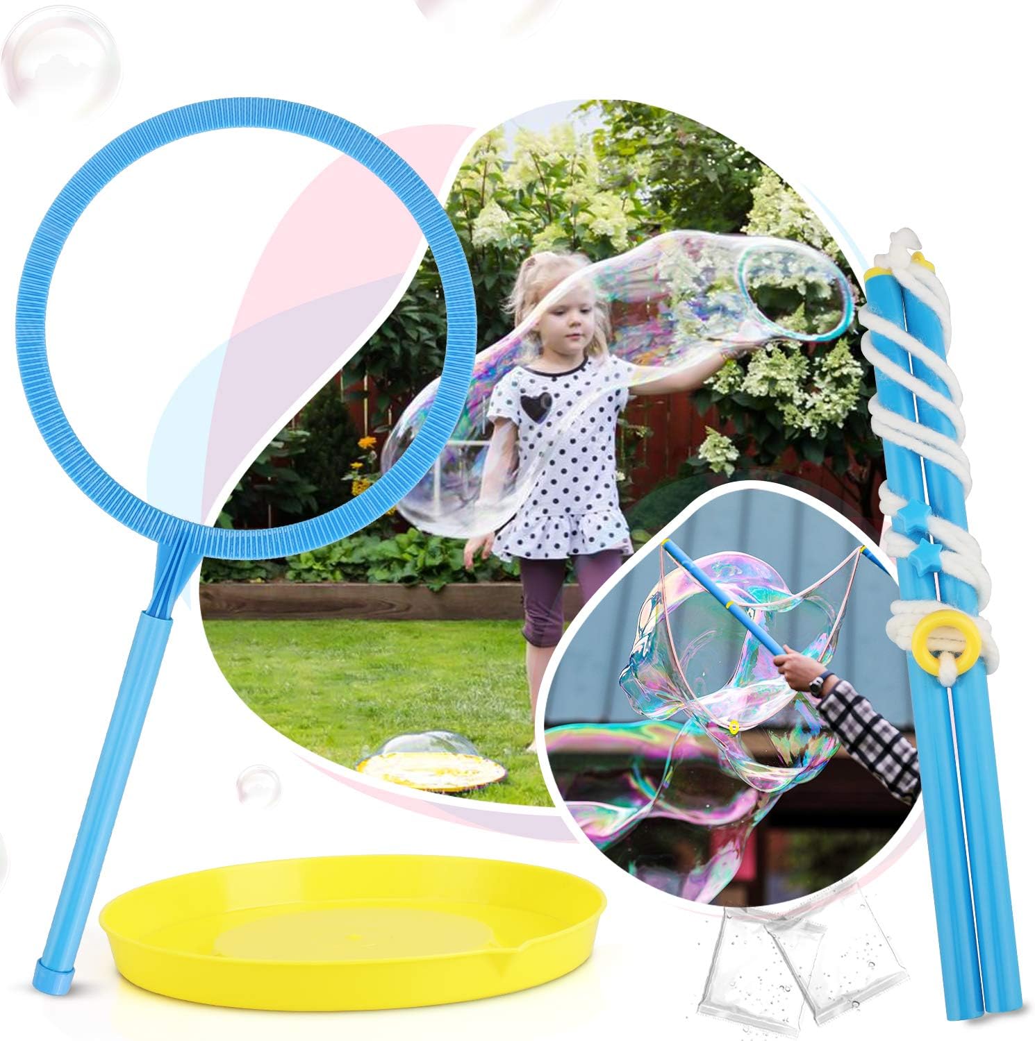Toy Triple Giant Soap Bubble Maker Blower Rings Wand Tray Non-toxic Solution Set 