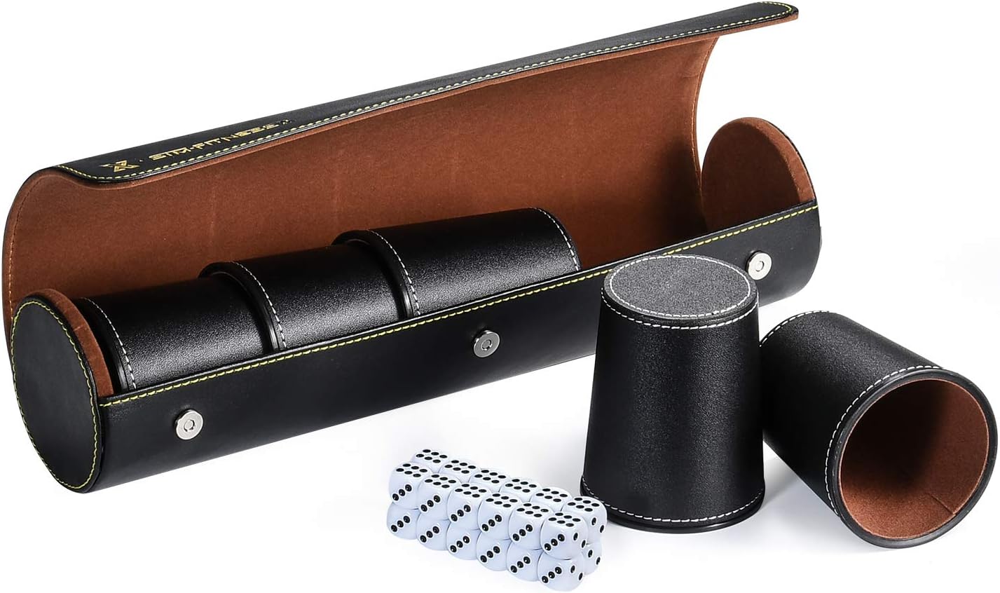 Professional Dice Cup 5 Dice Black Leatherette Smooth Velvet Backgammon Games 