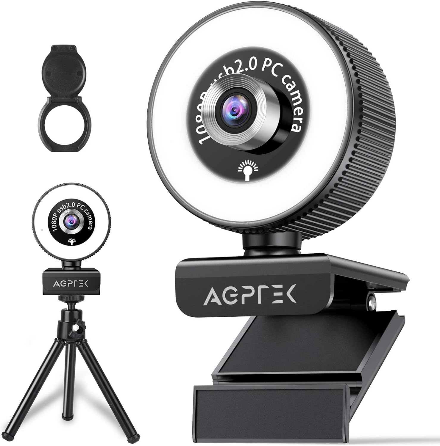 Webcam with Microphone and Tripod for PC,1080P Webcam with Privacy Cover,Streaming Camera with Ring Light Adjustable Brightness,USB Webcam for Conference,Studying,Zoom YouTube Skype