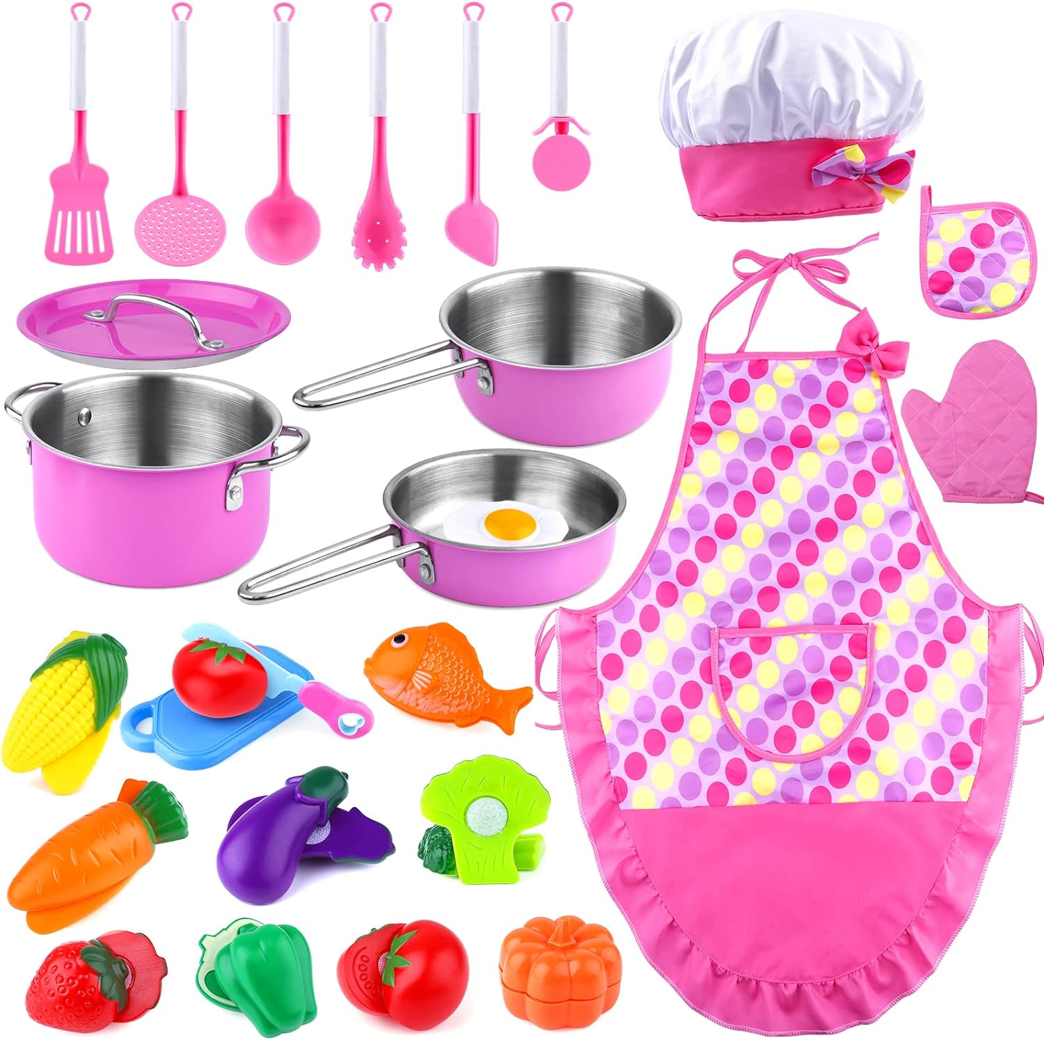 GIFTINBOX Kids Play Kitchen Accessories with Play Pots and Pans, Toddler  Kitchen Set with Chef Apron and Hat, for Girls Age 225 25