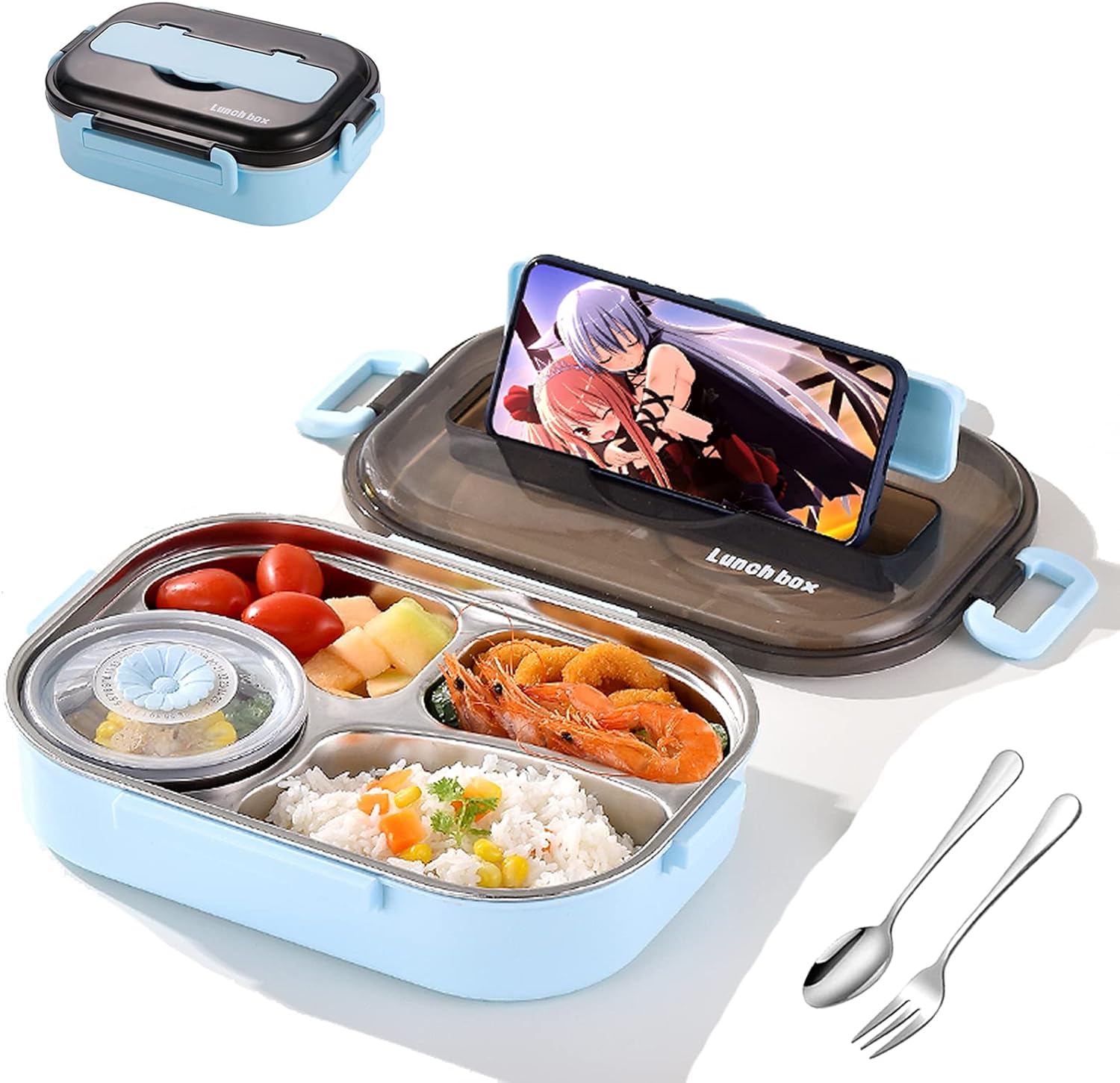 Portable Bento Box for Kids Black Stainless Steel Lunch Box with 4 Compartments