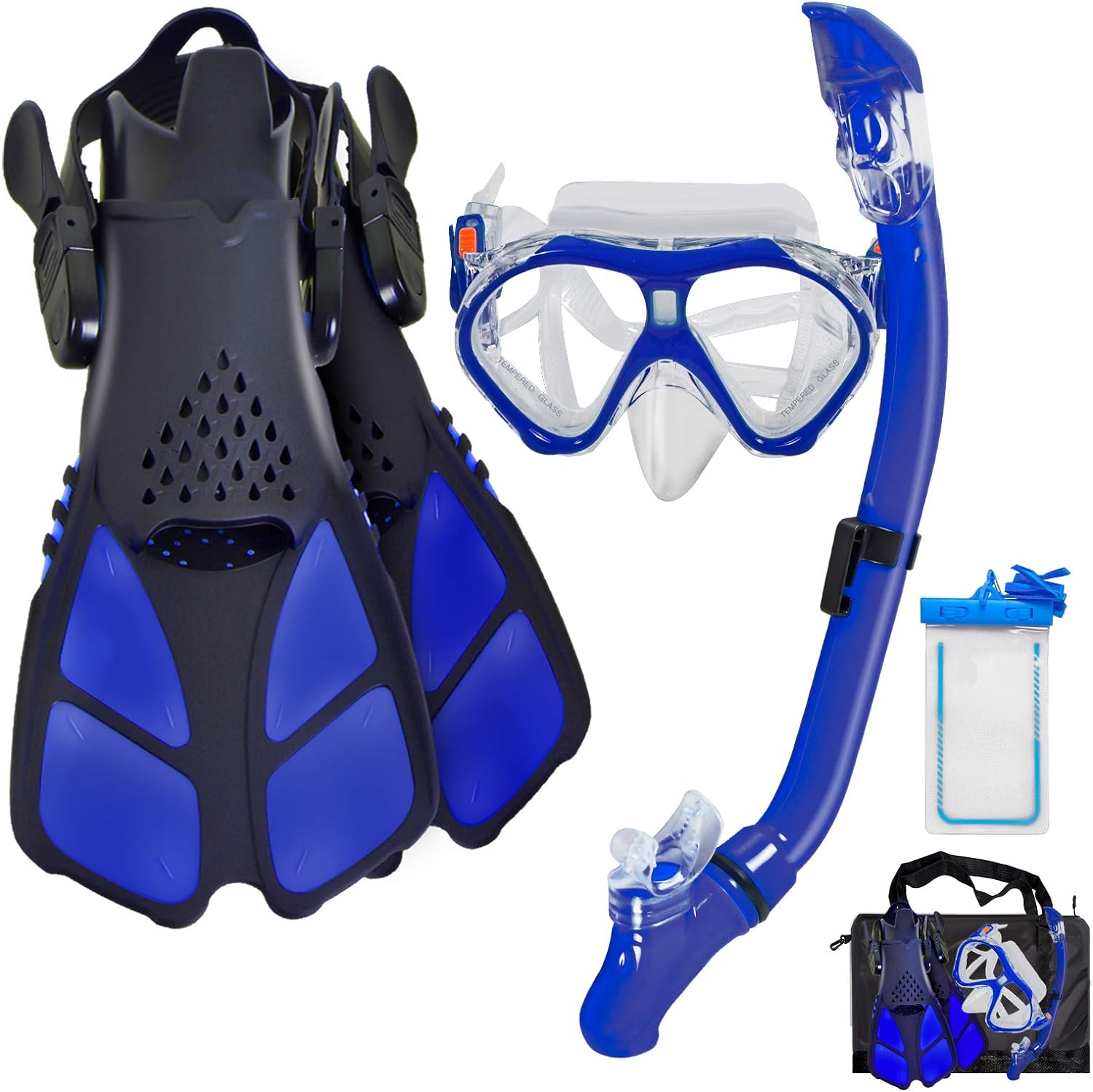 Snorkeling Dive Mask Goggles Dry Snorkel Fins Flippers Bag Water Sport Gear Set 