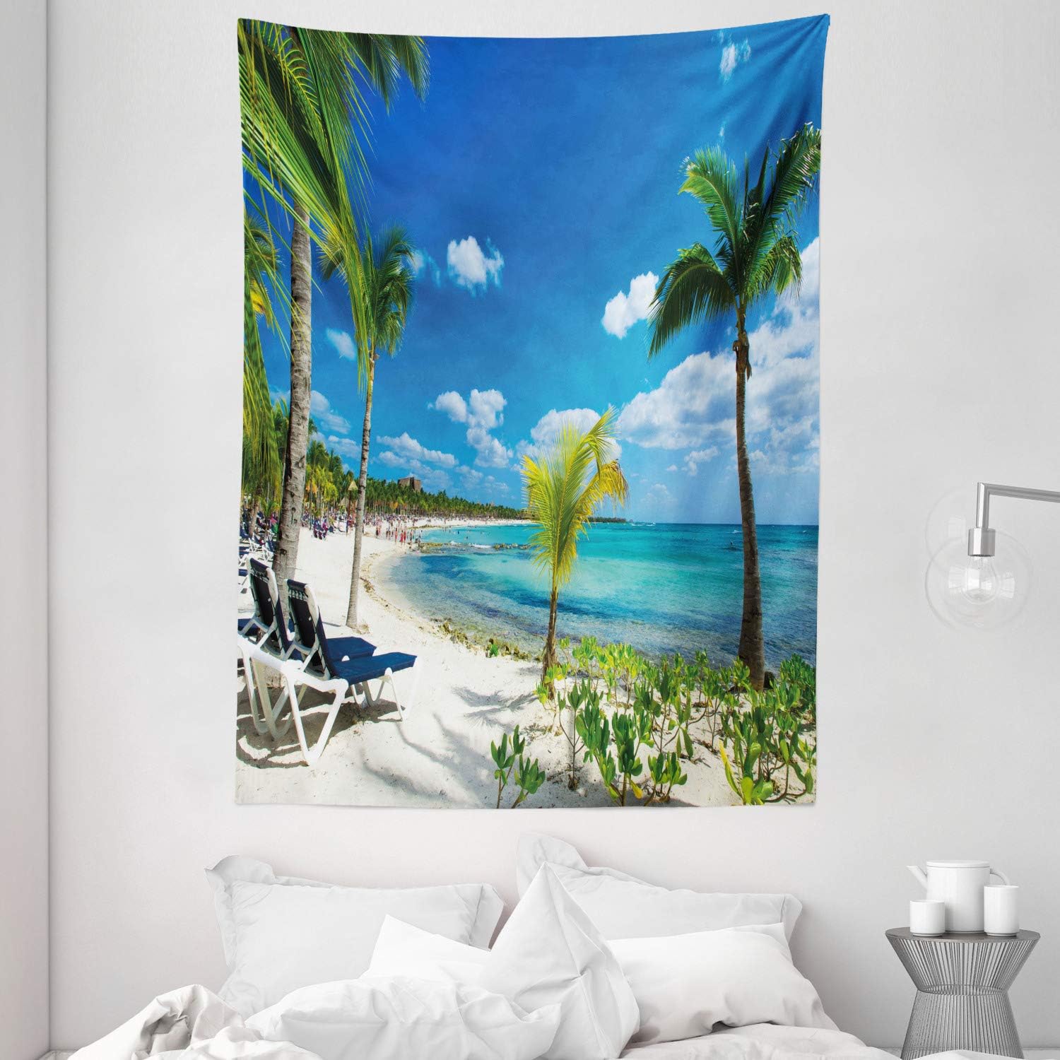 Ambesonne Ocean Tapestry Green Cream Palm Coconut Trees and Ocean Waves Mountains on Paradise Island Beach Image 60 X 40 Wide Wall Hanging for Bedroom Living Room Dorm