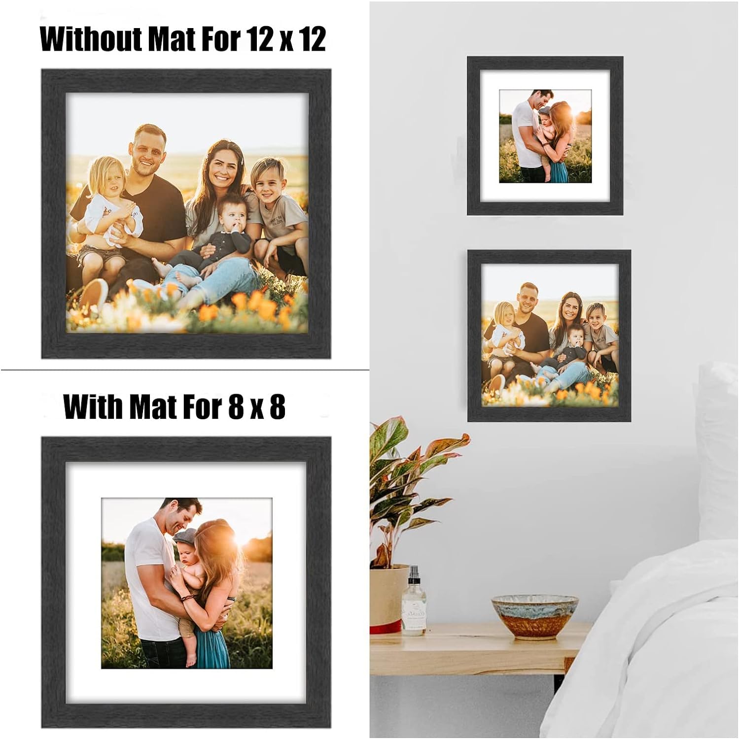 VMUZEDER 12X12 Picture Frame Black Wood Set of 2 with High Definition Glass Display 12x12 Without Mat or 8x8 Photos with Mat for Table Top and Wall
