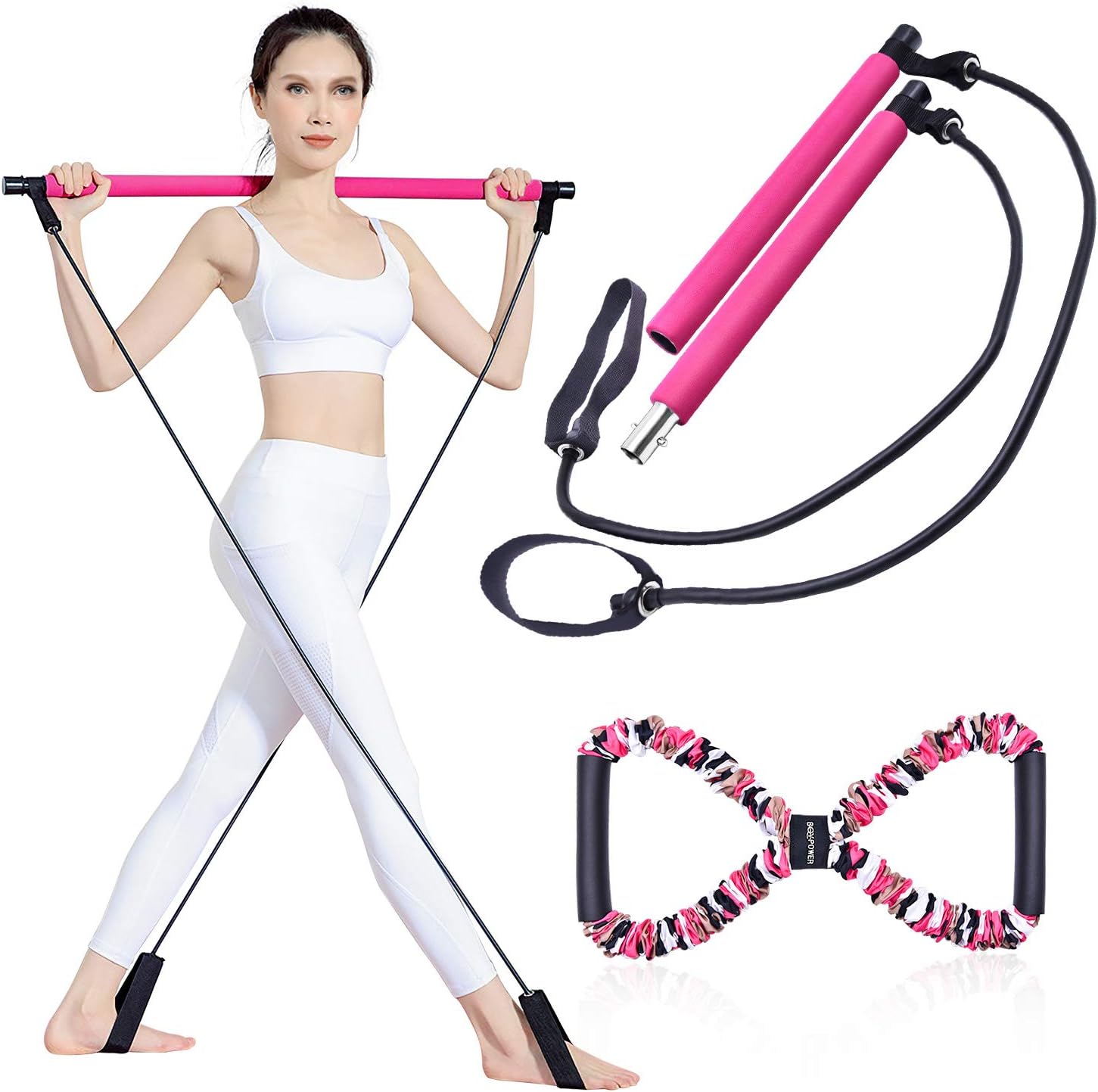 Portable Pilates Bar Kit Home Exercise Stick With Resistance Band Toning Gym UK