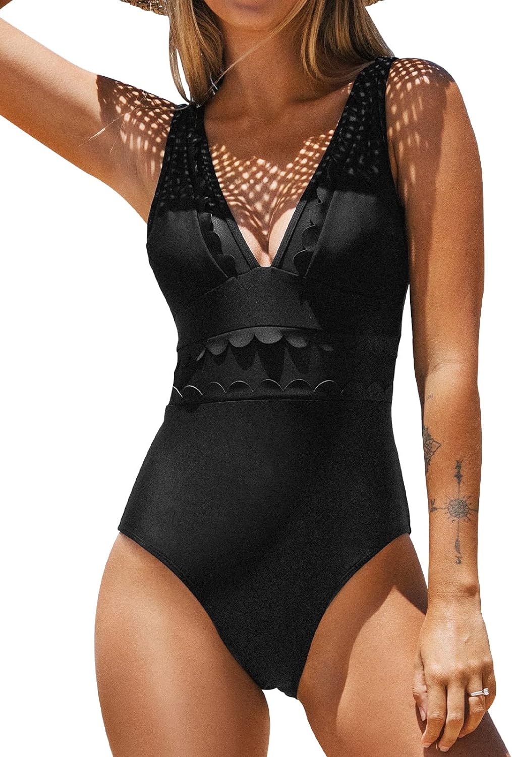 CUPSHE Womens Solid Black V Neck Mesh One Piece Swimsuit