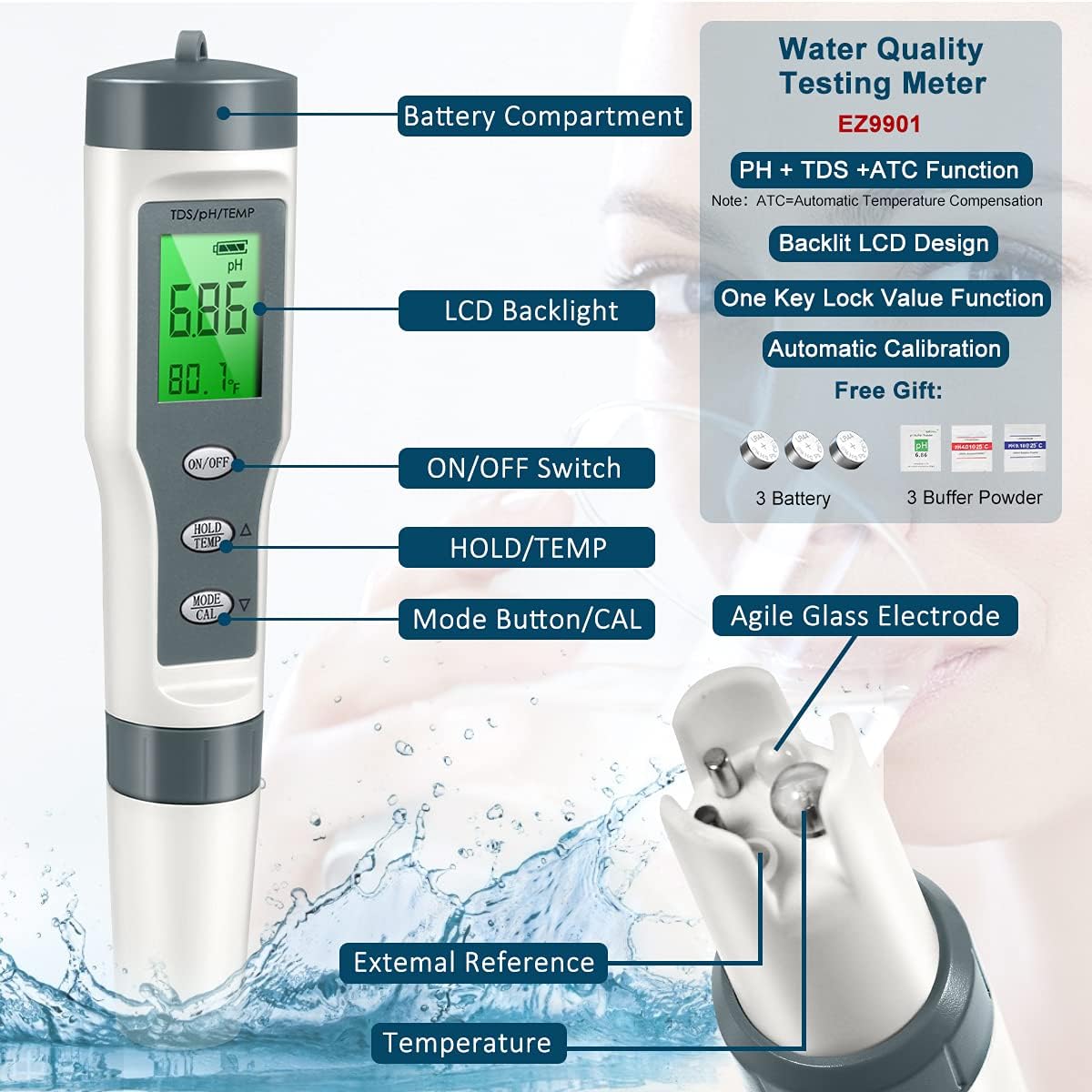 Digital PH Meter Pool and Aquarium Water PH Tester Design with ATC 2019-Yellow PH Meter 0.01 PH High Accuracy Water Quality Tester with 0-14 PH Measurement Range for Household Drinking