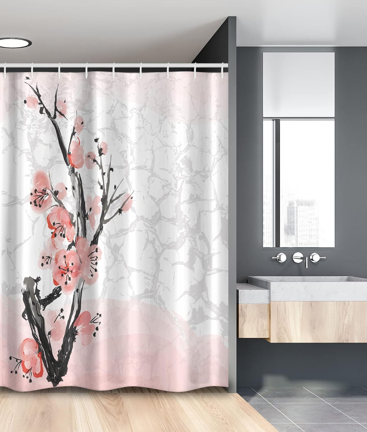 Floral Decor Shower curtian set Japanese cherry blossoms print Bathroom curtain 