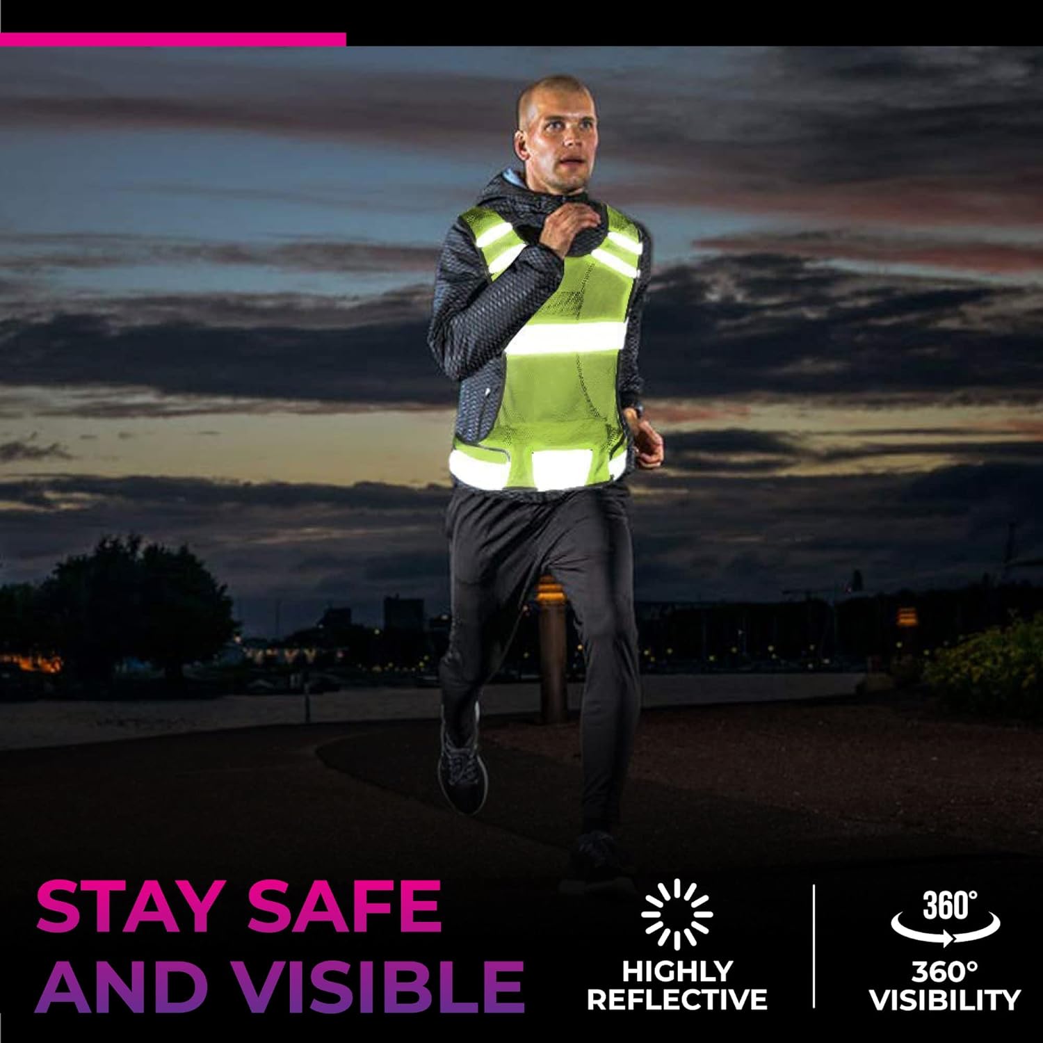 Stay Visible & Safe Large Pocket Light & Comfy Material 247 Viz The Reflective Running Vest Safety Gear Adjustable Waist & 2 Reflective Bands High Visibility Running Vest for Women & Men