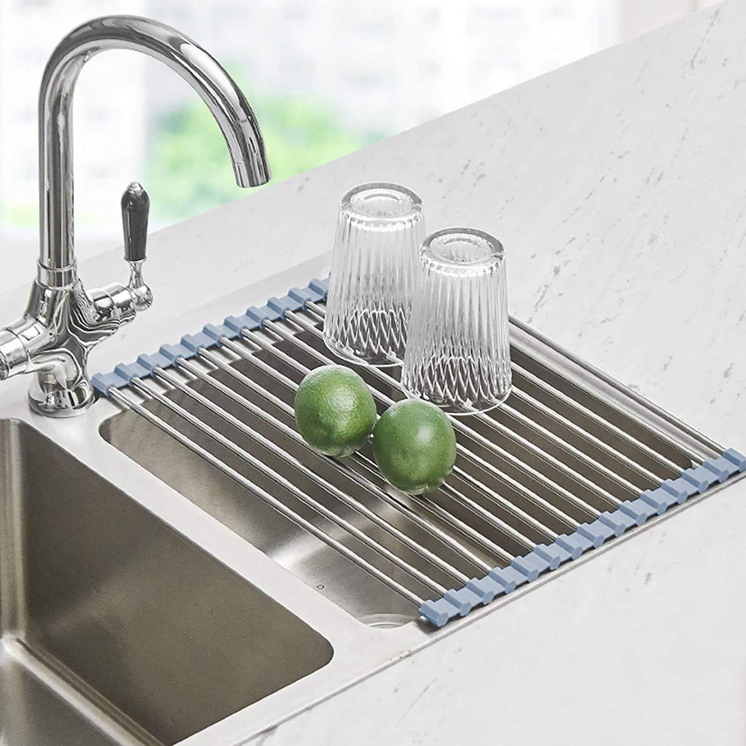 Over Sink Roll-Up Dish Drying Rack Stainless Steel Dish Drainer Draining Mat UK