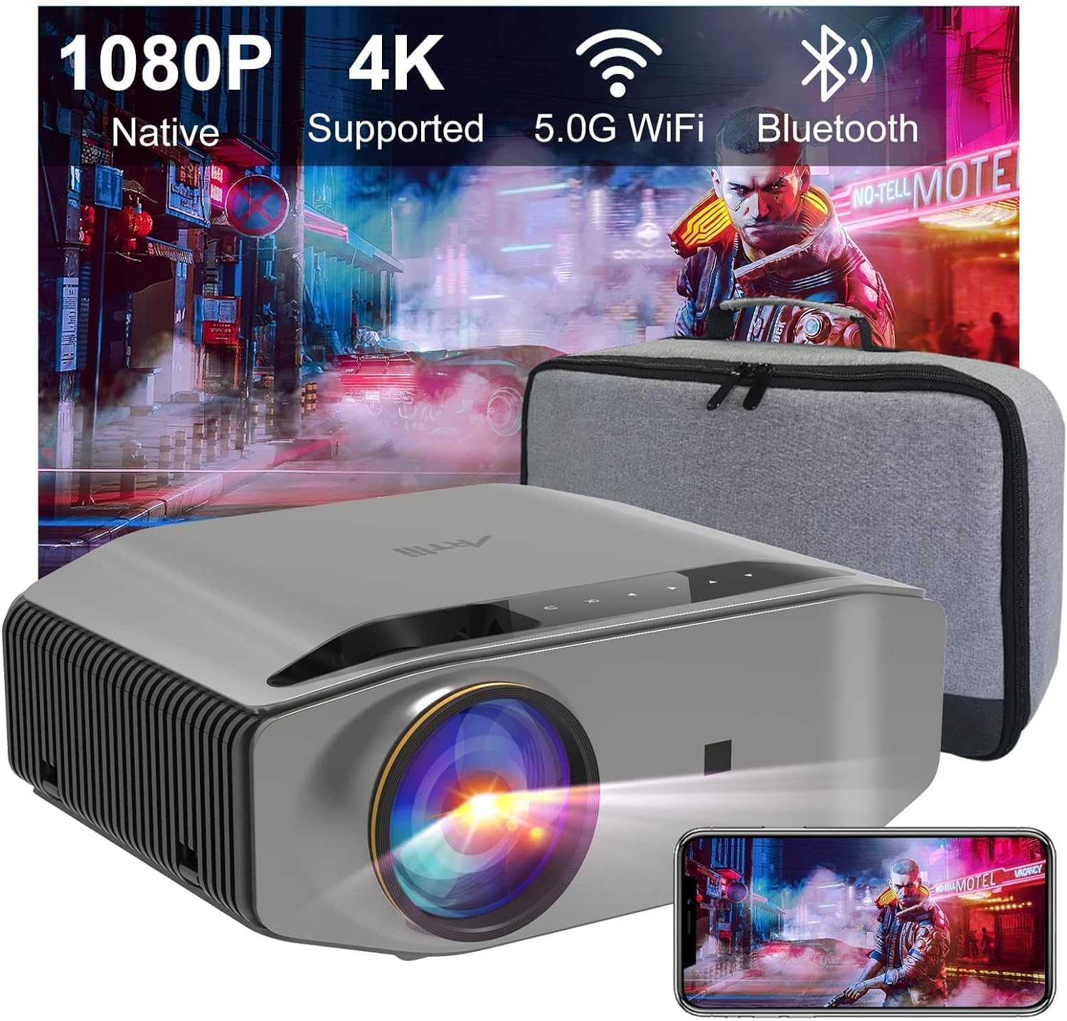 Buy 5G WiFi Bluetooth Projector, Artlii Energon 2 Full HD Native 1080P Outdoor Projector 4K Supported with Artlii 120 inch 4K HD 16:9 Wrinkle-Free Outdoor Portable Projector Screen with Stand Online in