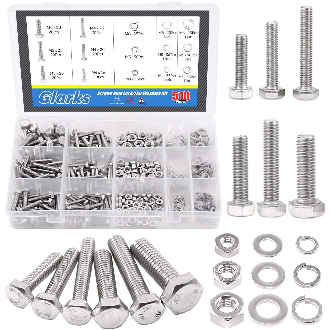 Glarks 280-Pieces M4 Pan Head Phillips Stainless Steel Screws Bolts Nuts Lock and Flat Gasket Washers Assortment Kit
