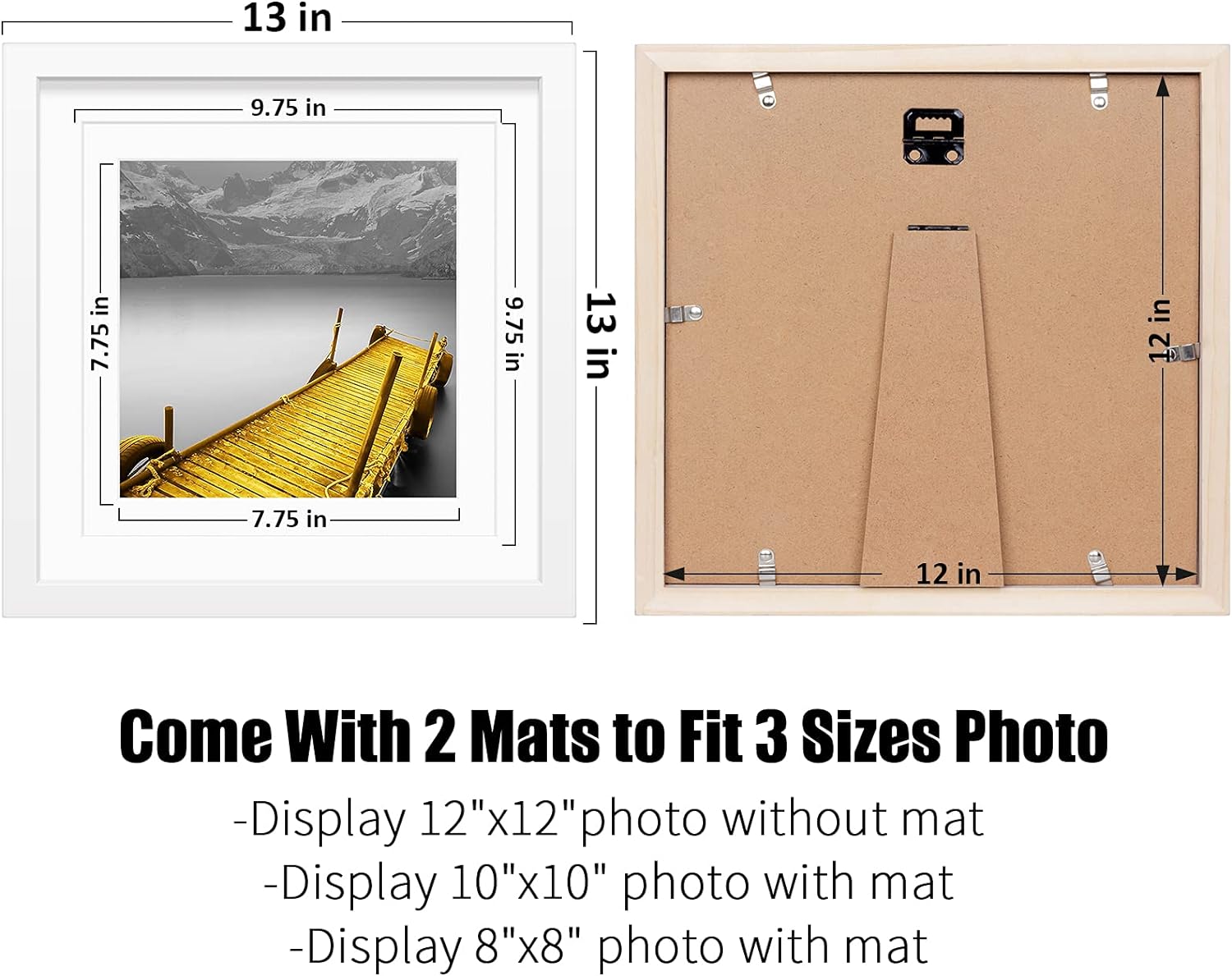 12x12 Inch Square Photo Frames with 2 Mats for Wall or Tabletop Mount 12x12 Picture Frames Solid Wood Rustic Walnut Display Pictures 10x10 or 8x8 with Mat or 12x12 without Mat 1 Pack