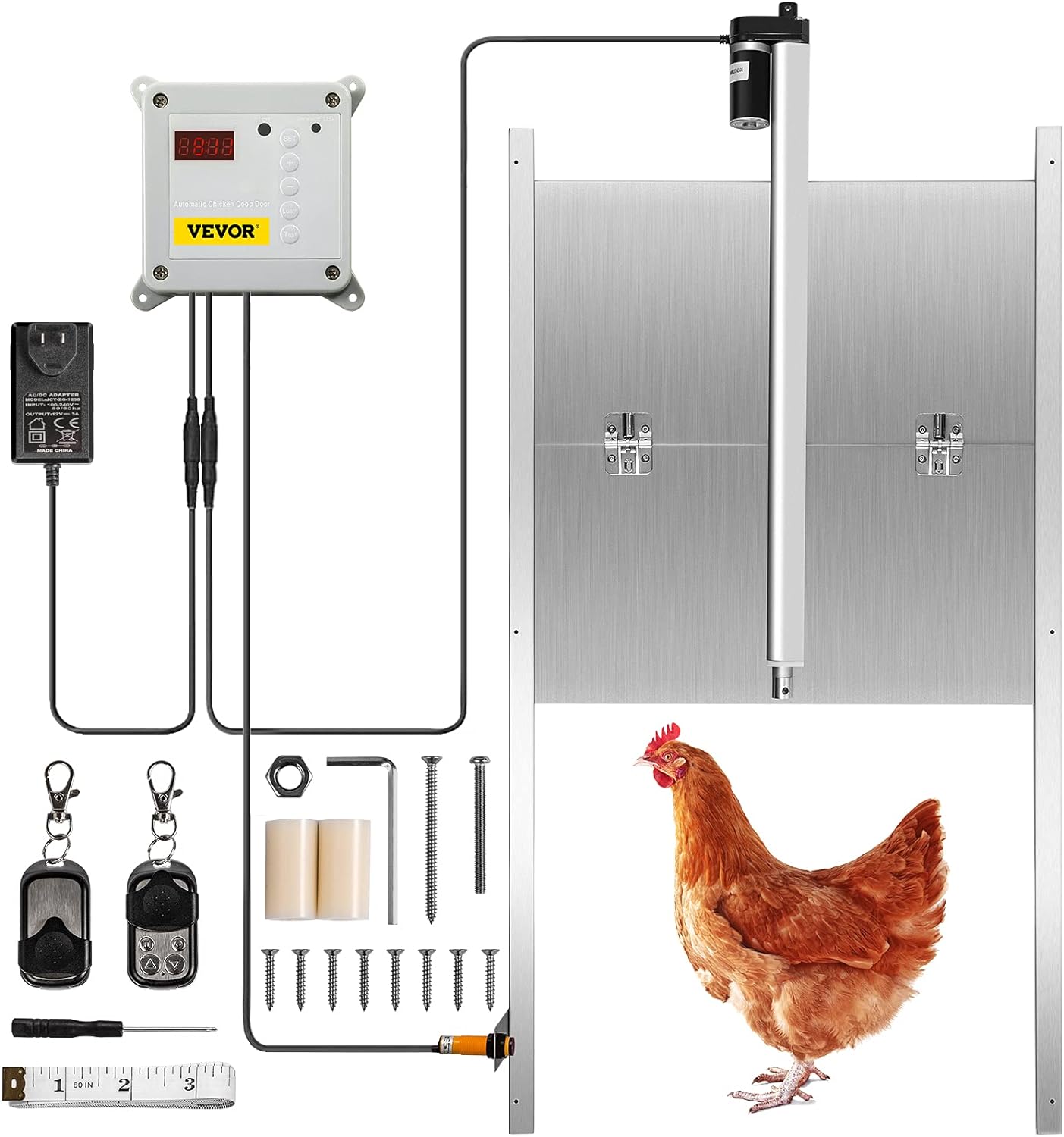 Chicken Coop Door Kit with Automatic Opener Light Sensor 2 Remote Controls Timer 