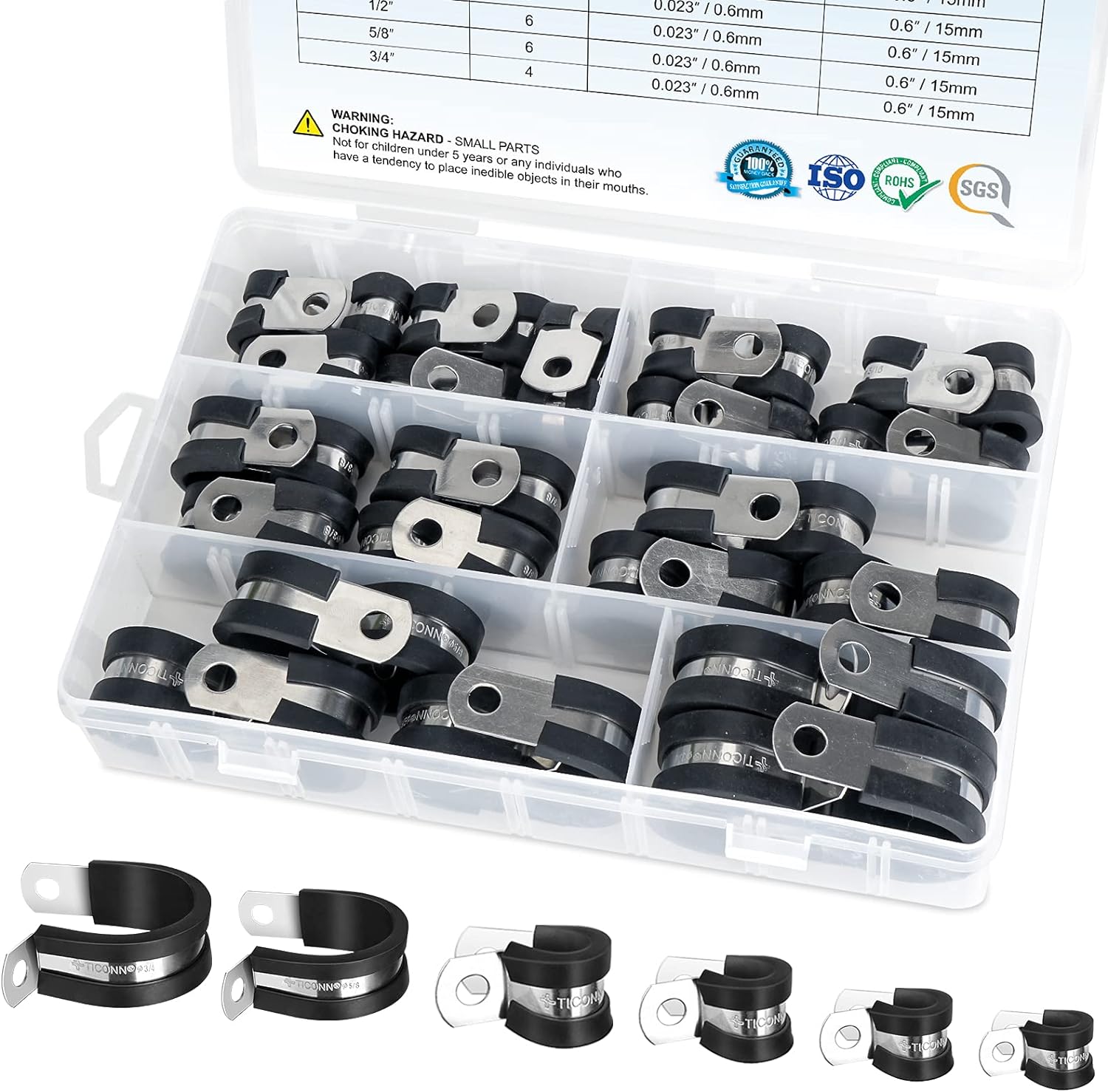 50Pcs Cable Clamp Assortment 1/4-in 5/16-in 3/8-in Heavy Duty Stainless Steel 