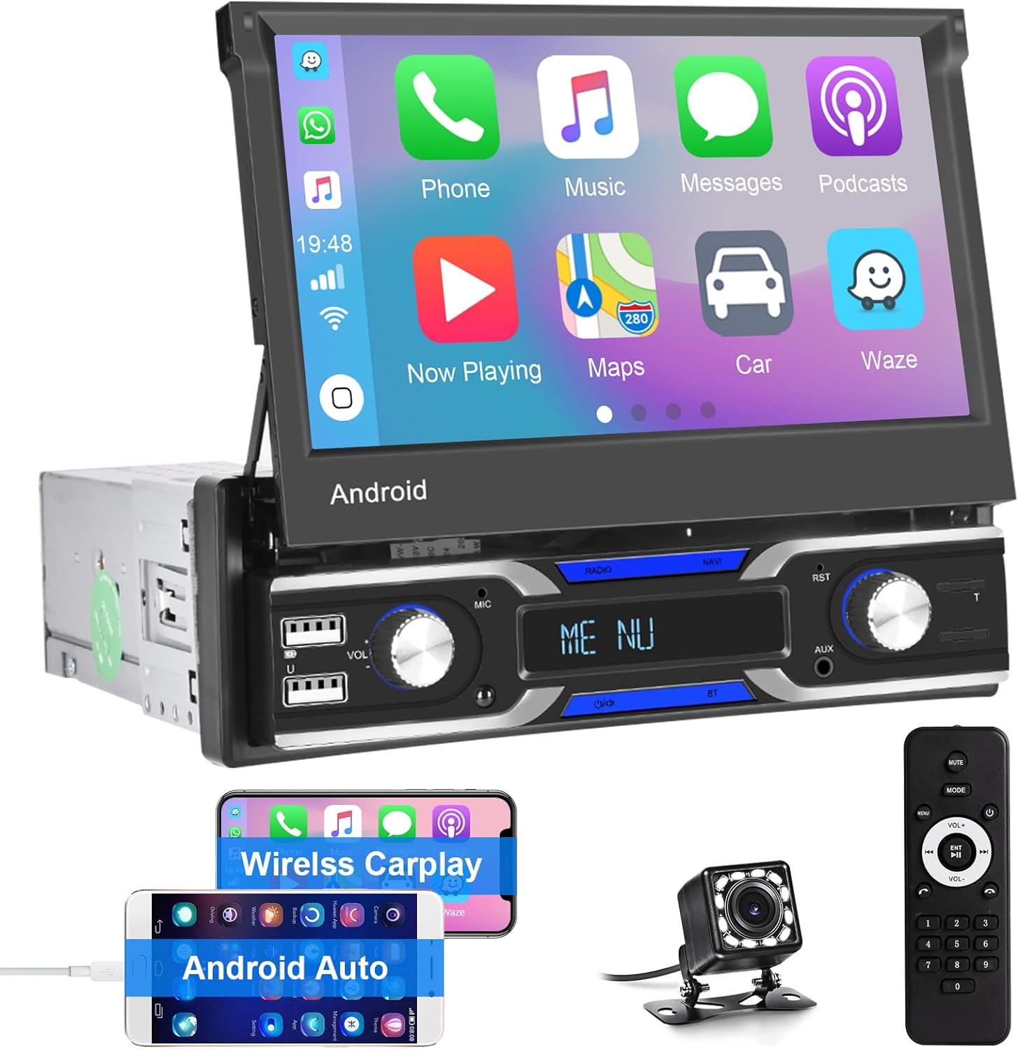 Android 10.1 Single Din Car Radio 7 inch Touchscreen Car Stereo with Apple CarPlay Android Auto Backup Camera Support GPS Navigation WiFi Bluetooth FM Radio Mirror Link USB/AUX DVR Head Unit