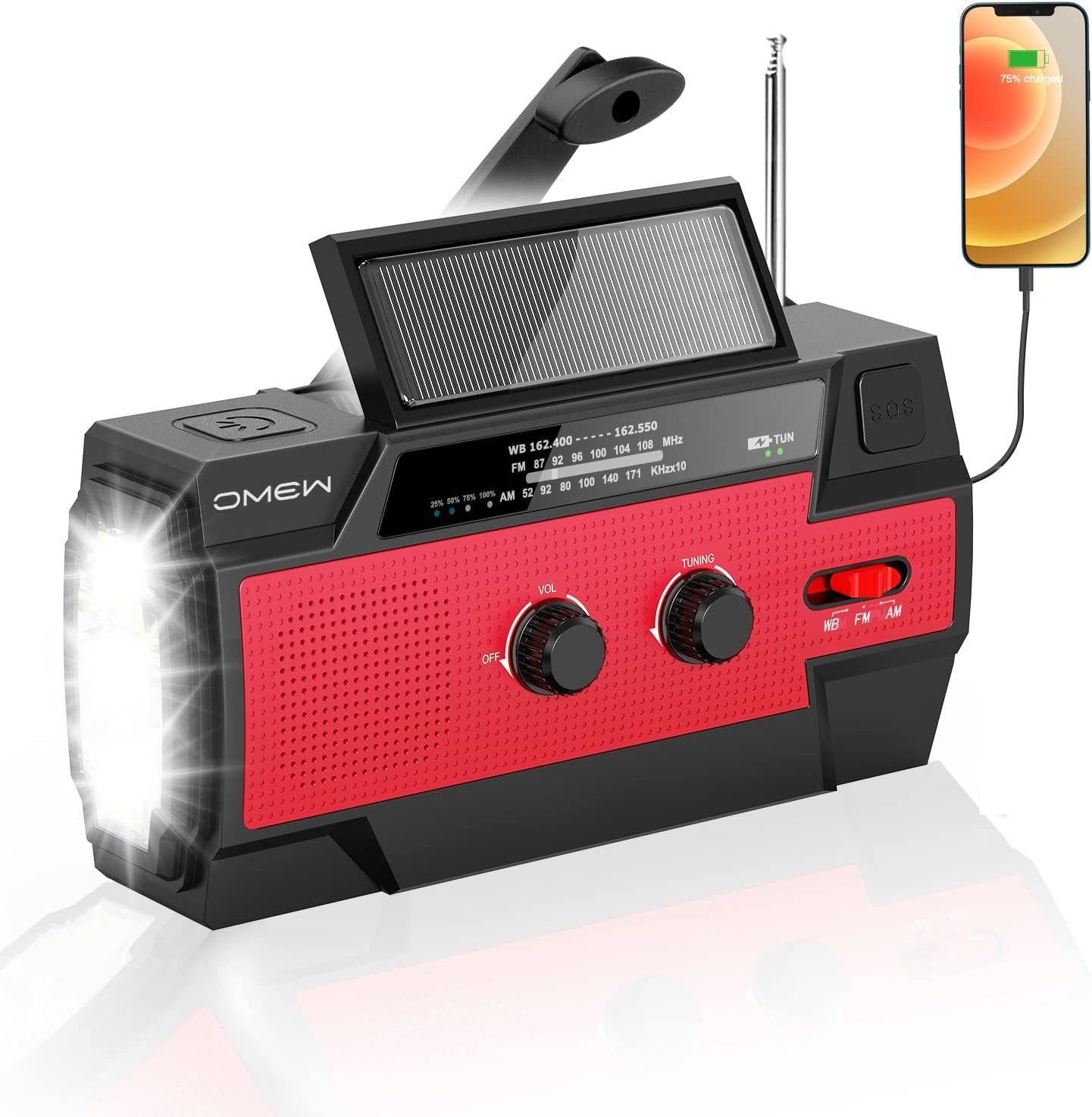 Emergency NOAA Weather Crank Solar Powered Portable Radio with 2000mAh Battery Power for Cell Phone Bright Flashlight and SOS Alarm for Household Emergency and Outdoor Survival