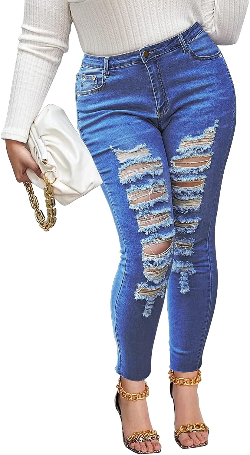 Women Jeans High Waist Plus Jeans for Women Stretch Distressed Ripped Skinny Denim Stretch Slim Length Jeans Pants