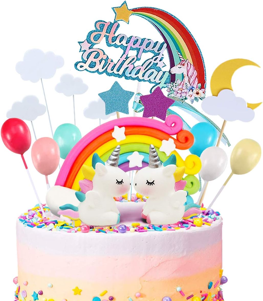 Top Flags Glitter Paper Rainbow Cloud Happy Birthday Cake Decor Cupcake Toppers 