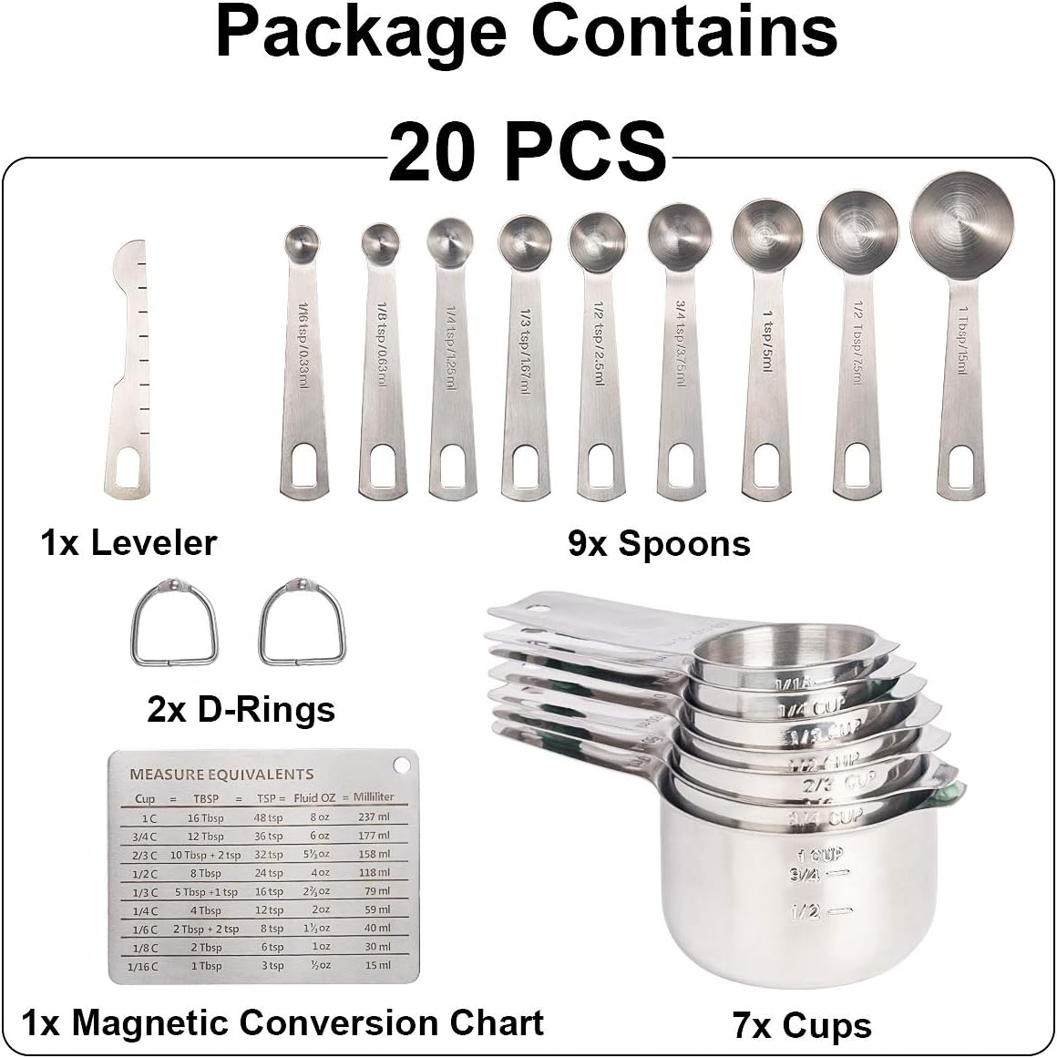 7 Measuring Cups and 7 Measuring Spoons with 2 D-Rings and 1 Professional Magnetic Measurement Conversion Chart U-Taste Measuring Cups and Spoons Set of 15 in 18/8 Stainless Steel Measuring Cups