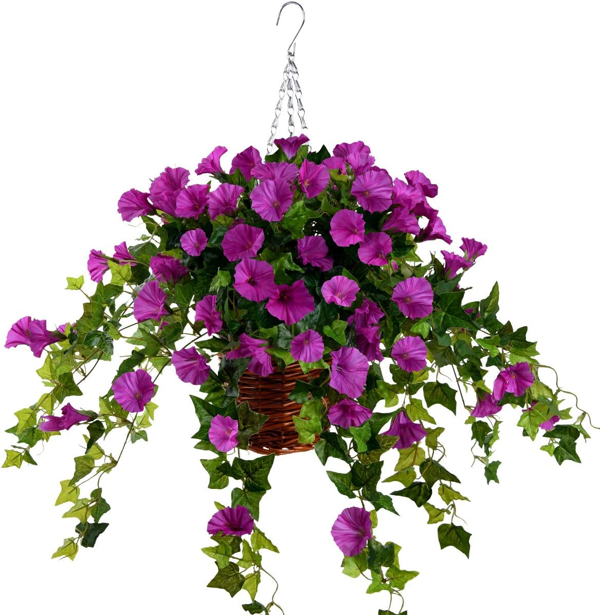 Artificial Hanging Basket Violet Orchid Flowers Ivy Leaf Foliage Rattan Plant 