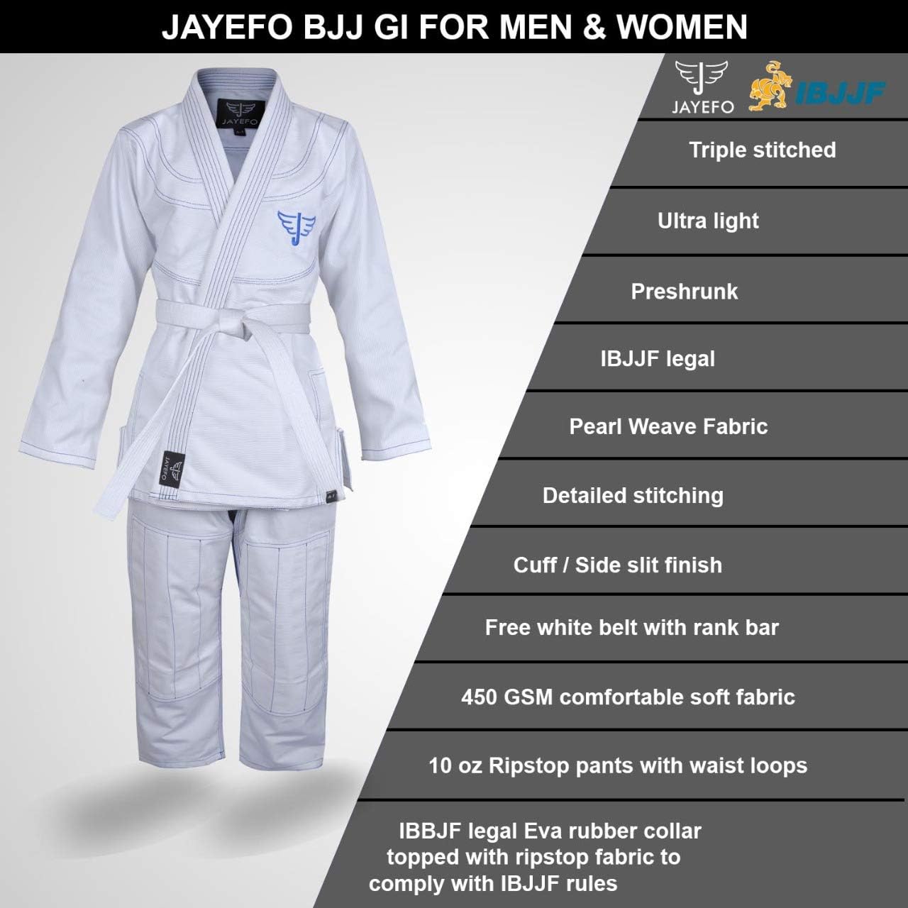 2 Years Warranty Jayefo Womens IBJJF Legal BJJ Ultra Light Brazilian JIU Jitsu GI W/Preshrunk Soft Fabric & Free Belt Pearl Weave