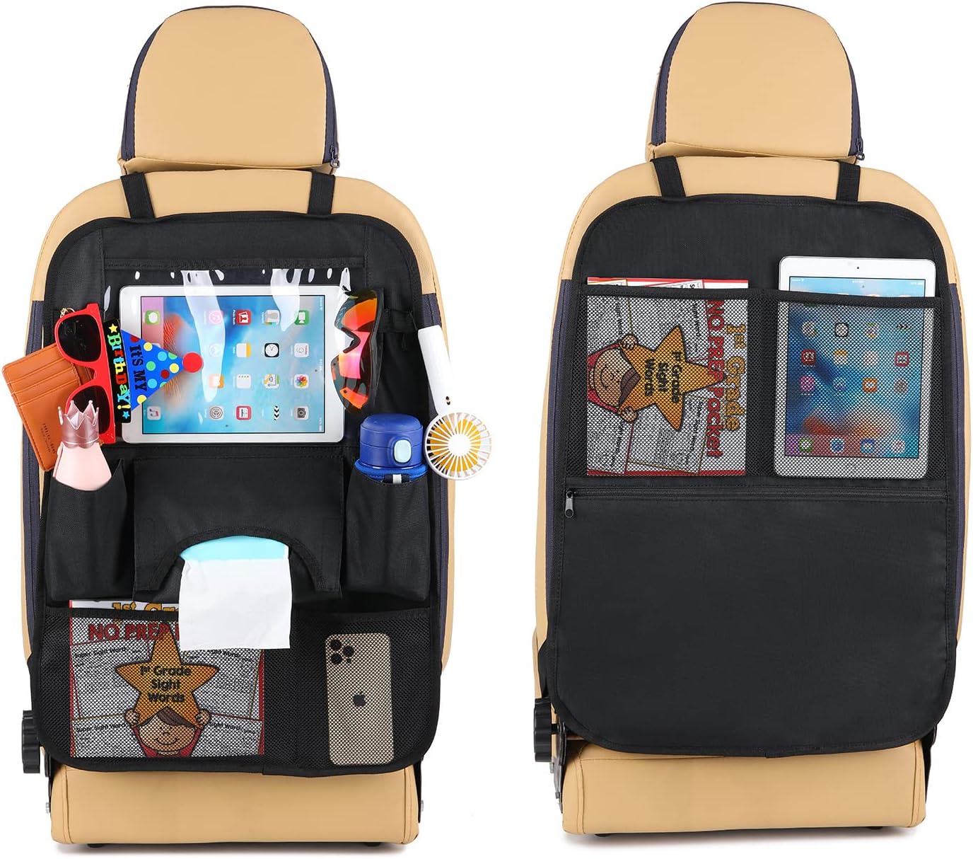 Clear iPad Holder 2 Pack Car Backseat Organizer Universal Multi-Functional Kick Mats Baby Kids Toy Auto backseat Protector Car Back Seat Organizer Holder With Tissue Box Waterproof Storage Bags