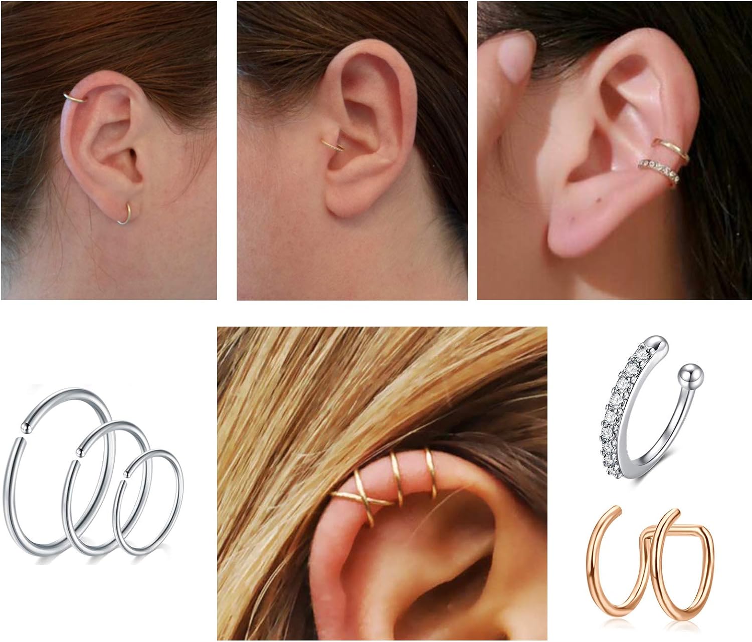 MODRSA Ear Cuff Earrings for Women Non Piercing Ear Hoop Earrings Stainless Steel Clip On Cartilage Earring Huggie Dainty Minimal Crossed Conch Piercing Sparkling Jewelry Silver Rose Gold