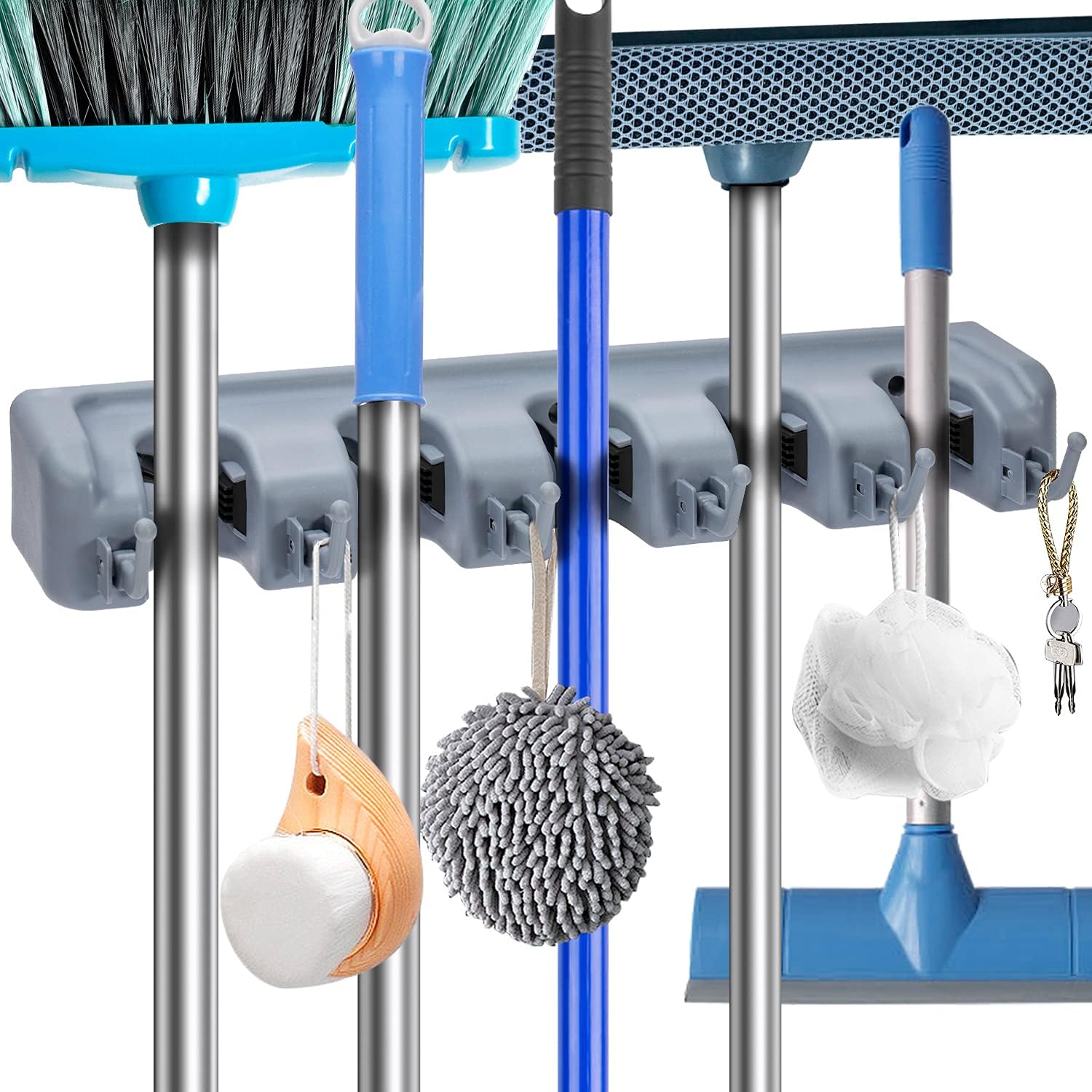4 Position 5 Hooks Lianzhi Mop Bracket,Non-Slip Automatically Lock Holder Mounted Organiser for Mops Brooms and Garden Tool Wall Bracket with 5 Hooks and 6 Quick Release
