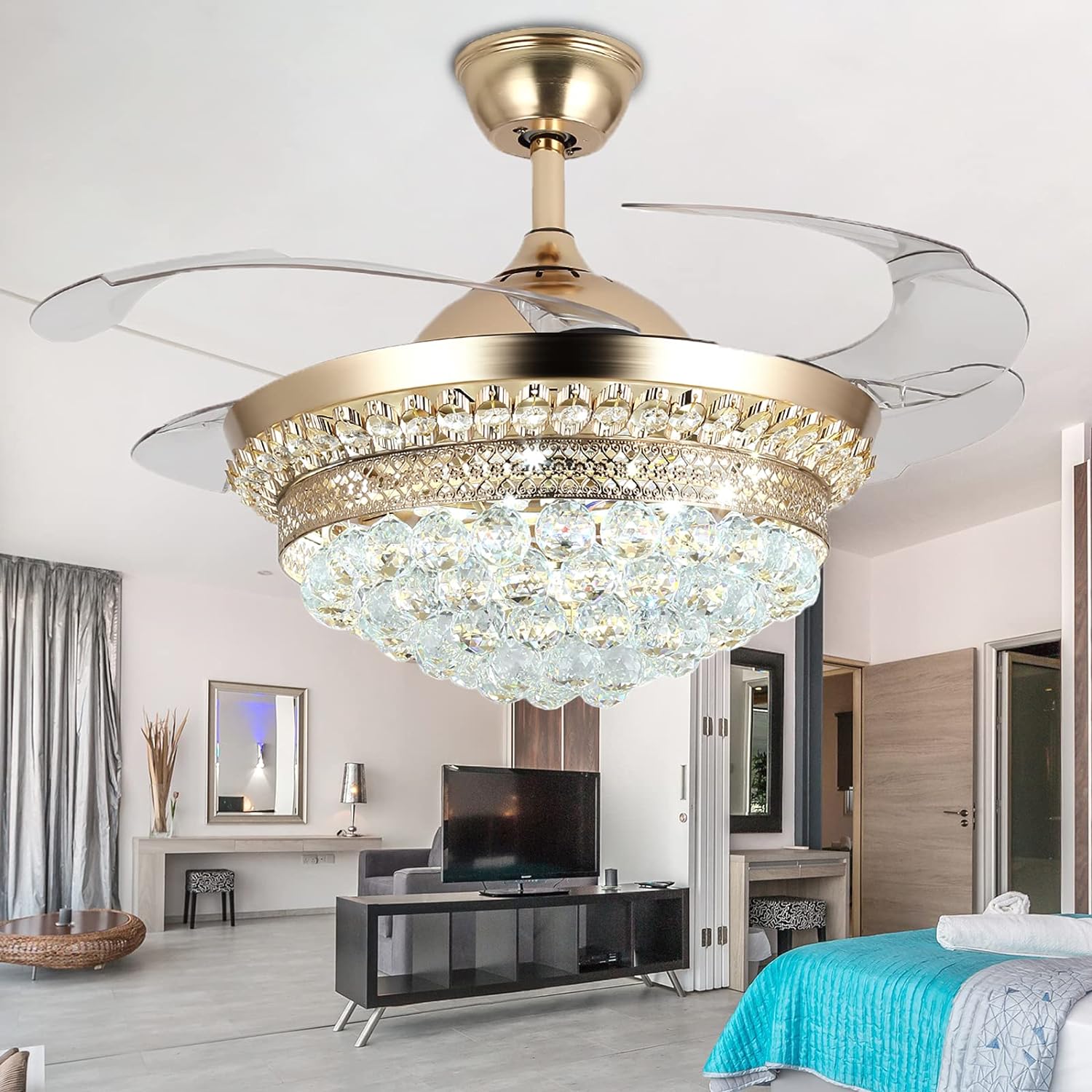 42" Luxury K9 Crystal LED Chandeliers Remote Retractable Ceiling Fans Lighting 