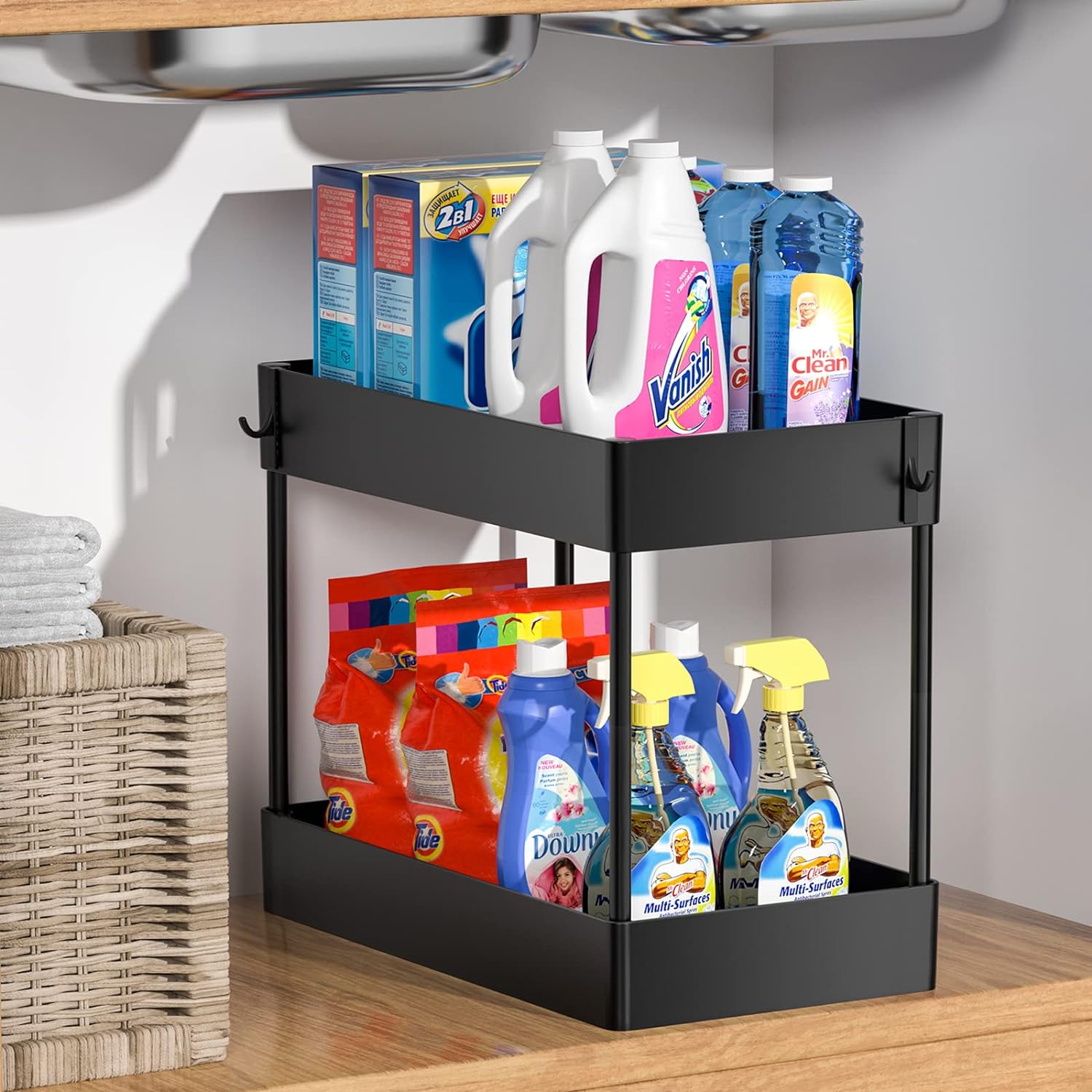 4 Tier Under Sink Organizer Under Sink Storage Shelves Black Plastic Bath Collection Baskets with Stainless Steel Support Tubes and 4 Pieces Hooks for Bathroom Kitchen Office Supplies