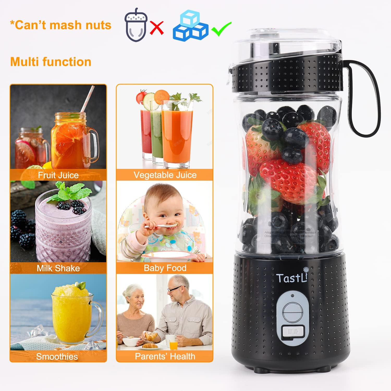 with Powerful Motor TastLi Portable Blender Black Personal Size Blender for Shakes and Smoothies 6 Blades and USB Rechargeable 4000mAh Mini Travel Electric Fruit Juicer Cup Ice Mixer Smoothie Blender