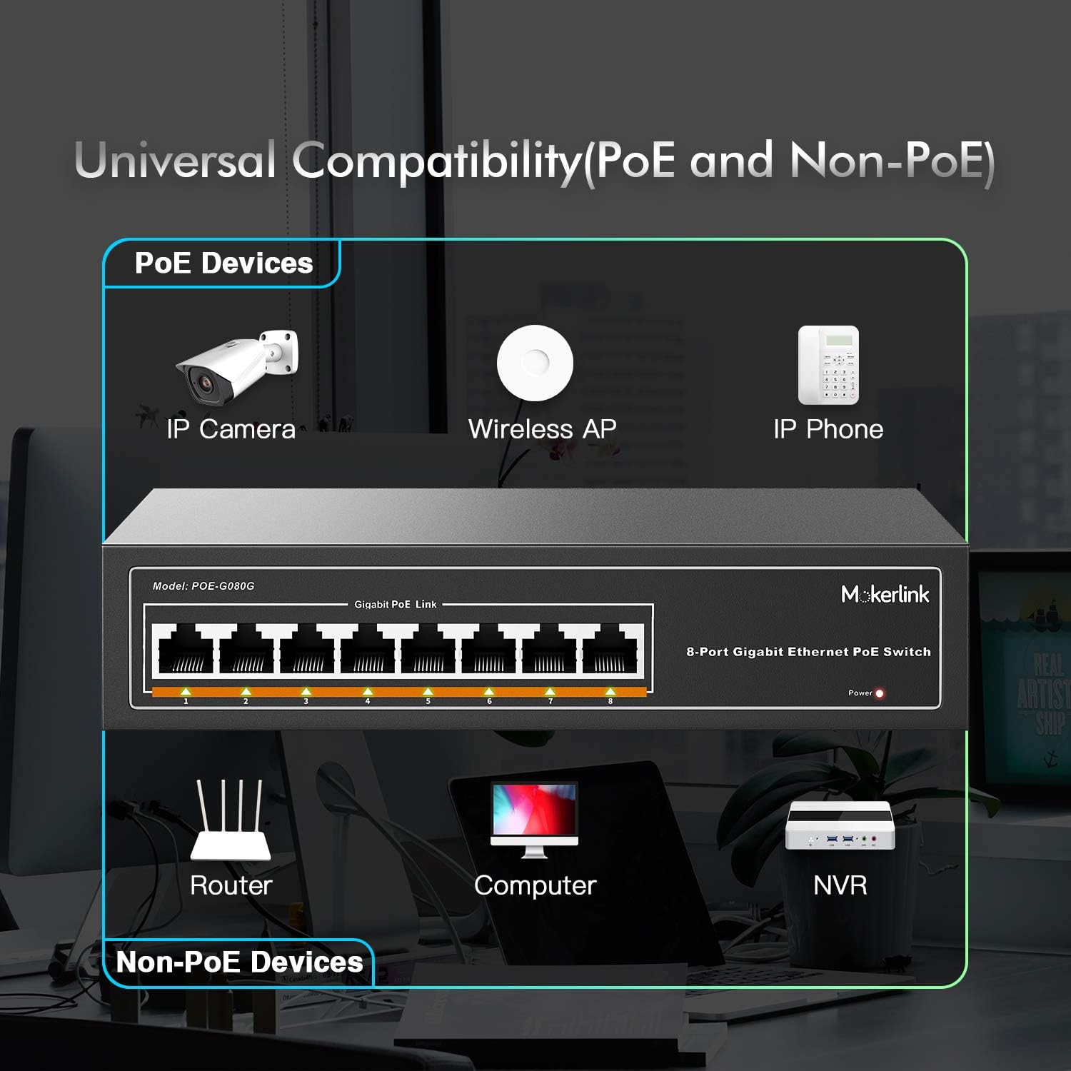 8PoE+Ports 1000Mbps No Noise Unmanaged Desktop/Rackmount PoE 120w 802.3af/at Metal Fanless Plug and Play Cqenpr 8 Port Gigabit Ethernet PoE Switch