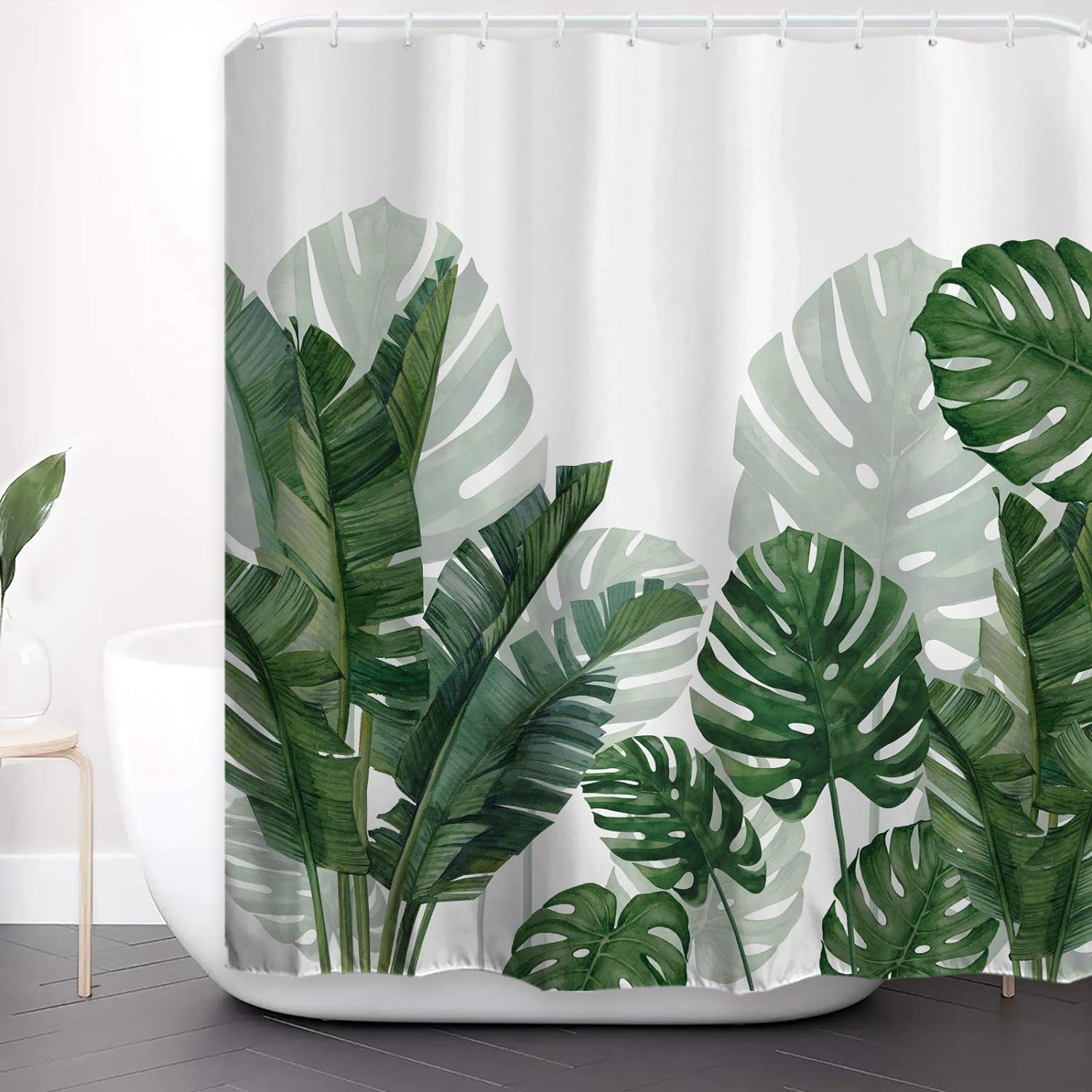 White Floral Palm Tree Leaves Shower Curtain Bathroom Mat Set Waterproof Fabric 