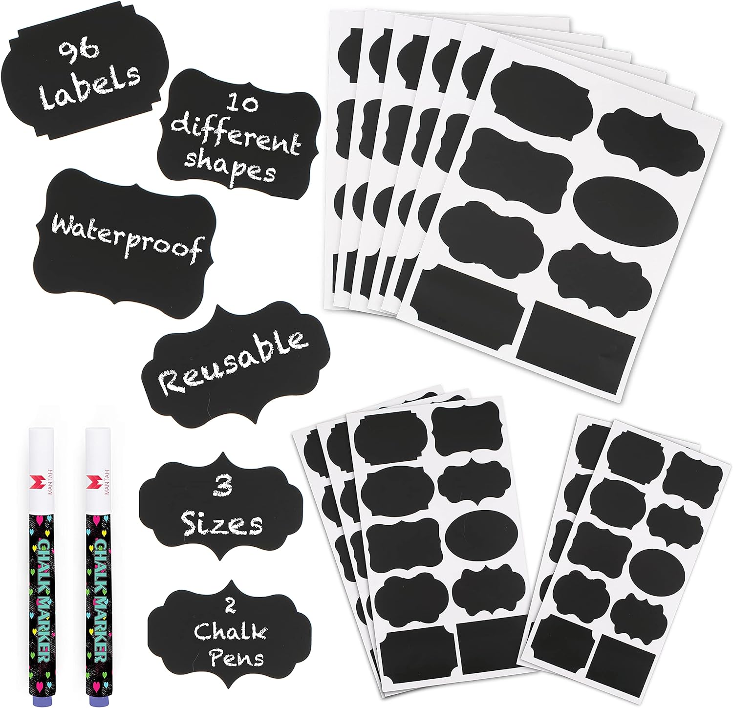 Mantah Chalkboard Label Stickers 96pcs 9 Assorted Shapes In 3 Sizes With 2 White Chalk Marker Reusable Waterproof For Storage Bin Labels Food Container Jars