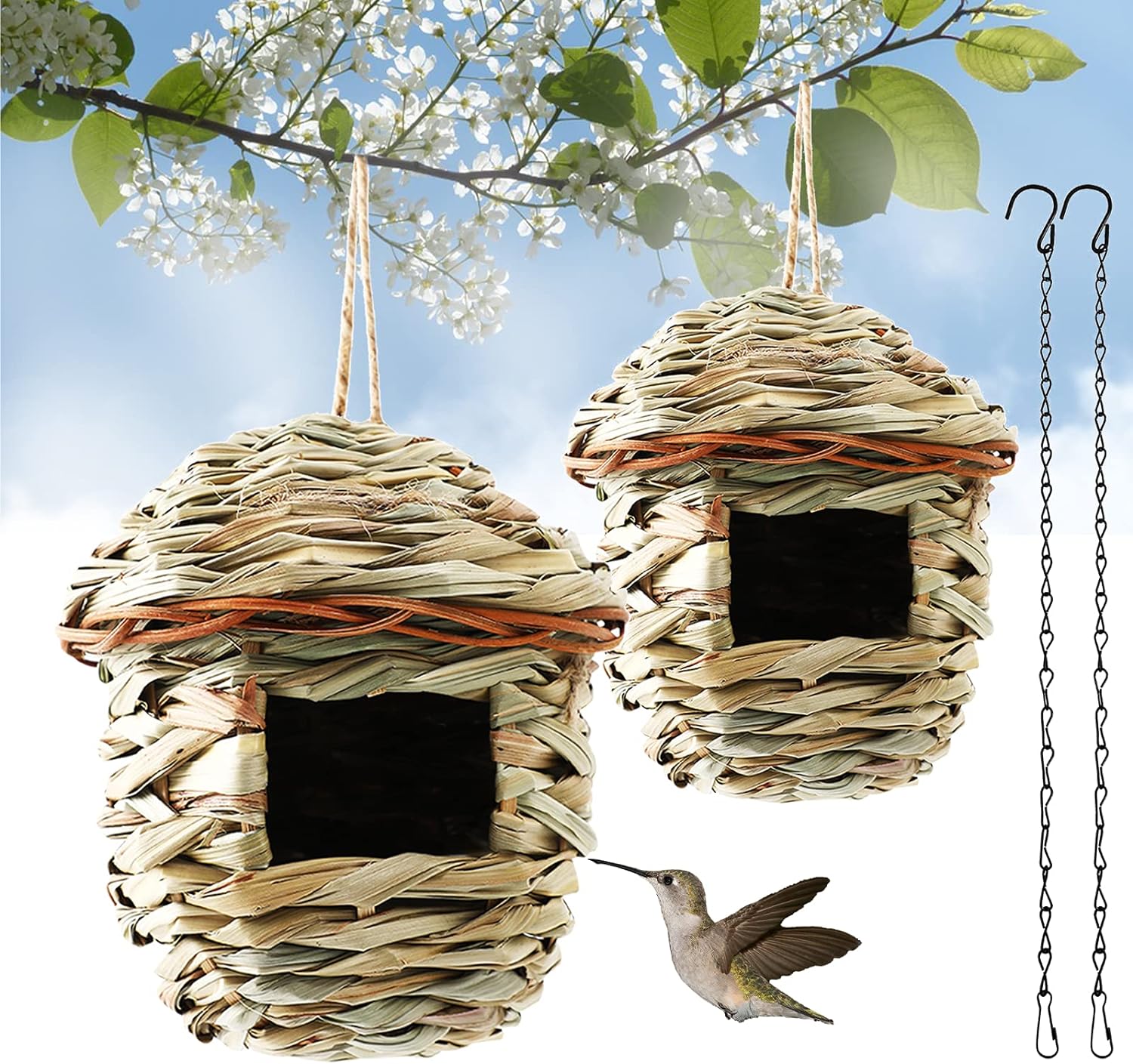 Bird Hut Grass Hand Woven Birdhouses for Outdoors Hanging Hummingbird House 