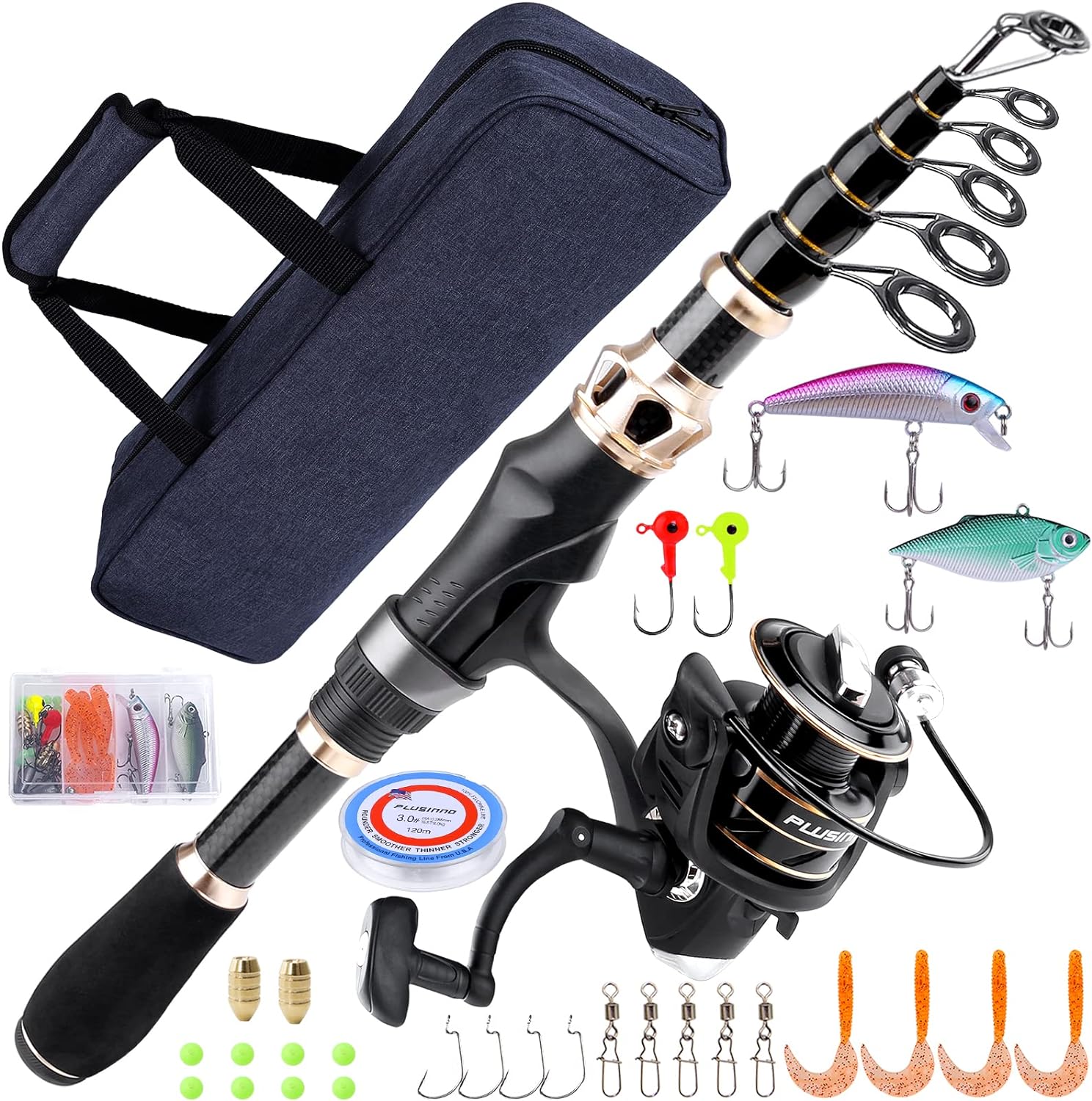 PLUSINNO Fishing Rod and Reel Combos Carbon Fiber Telescopic Fishing Pole with Spinning Reels Sea Saltwater Freshwater Kit Fishing Rod Kit