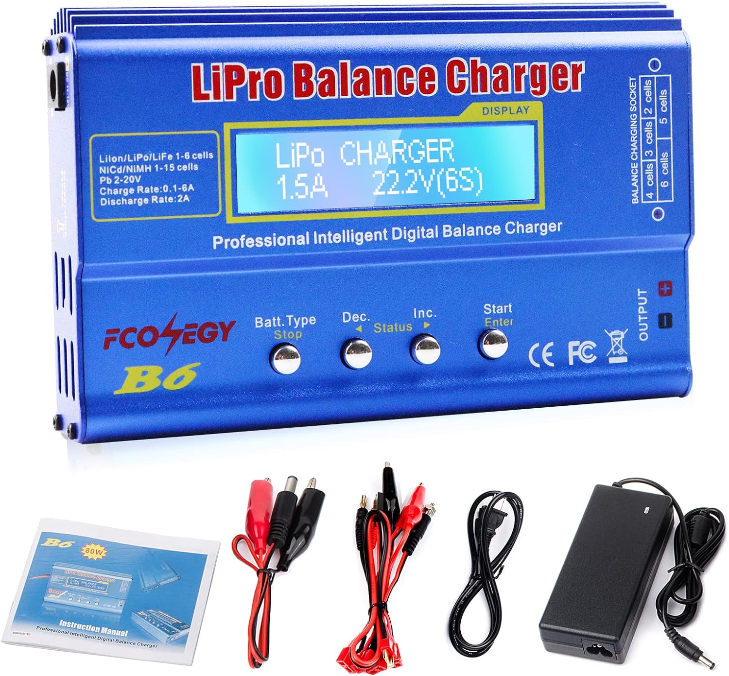 Beennex 80W Battery Balance Charger Discharger,B6 80W Digital LCD Balance Charger Discharger for Li-Po/Li-ion/Li-Fe/NiMH/NiCd/Pb Without Plug