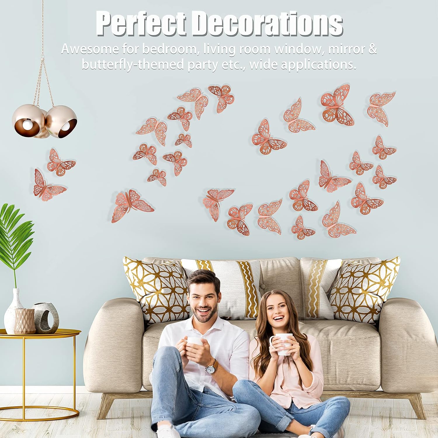 Room Decor Mural with Dot Glue,36pcs（Gold） Butterfly Wall Stickers,Removable 3D Wall Decals Nursery Decor for Living Room,3 Sizes Hollow-Out Butterfly Wall Decor for Bedroom