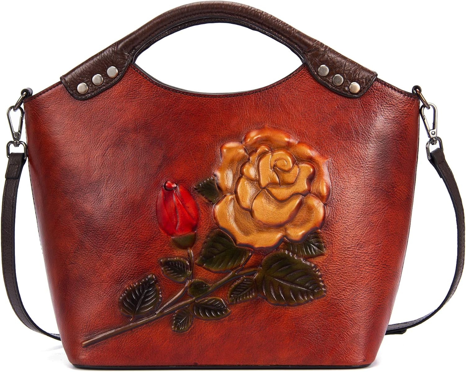 Retro Women Genuine Leather Handbag Embossed Flower Shoulder Crossbody Bag Purse 