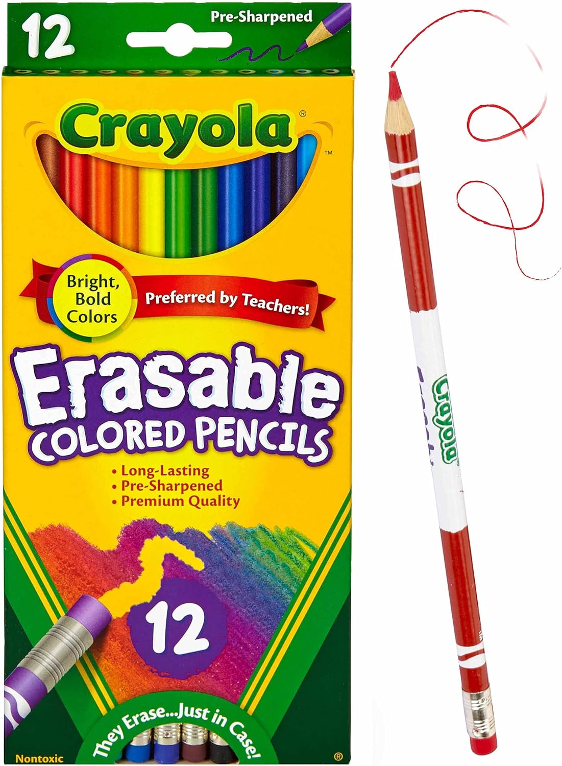 Crayola Erasable Colored Pencils, 12 Non-Toxic, Pre-Sharpened, Kids 4 & Up,  Colors may vary
