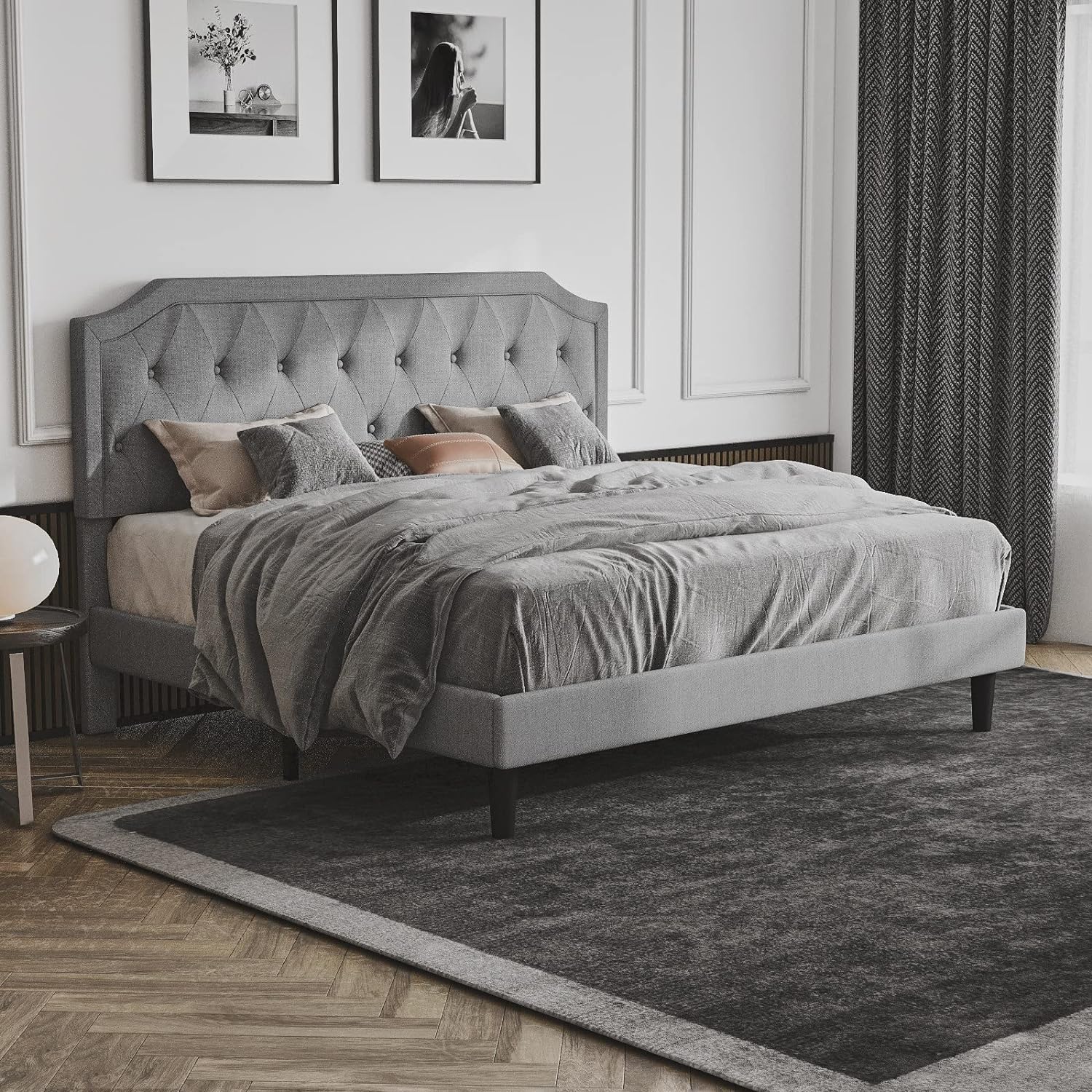 Platform Bed with Curved Rhombic Button Tufted Headboard SHA CERLIN Upholstered Full Size Bed Frame No Box Spring Needed Easy Assembly Dark Grey Wood Slat Support
