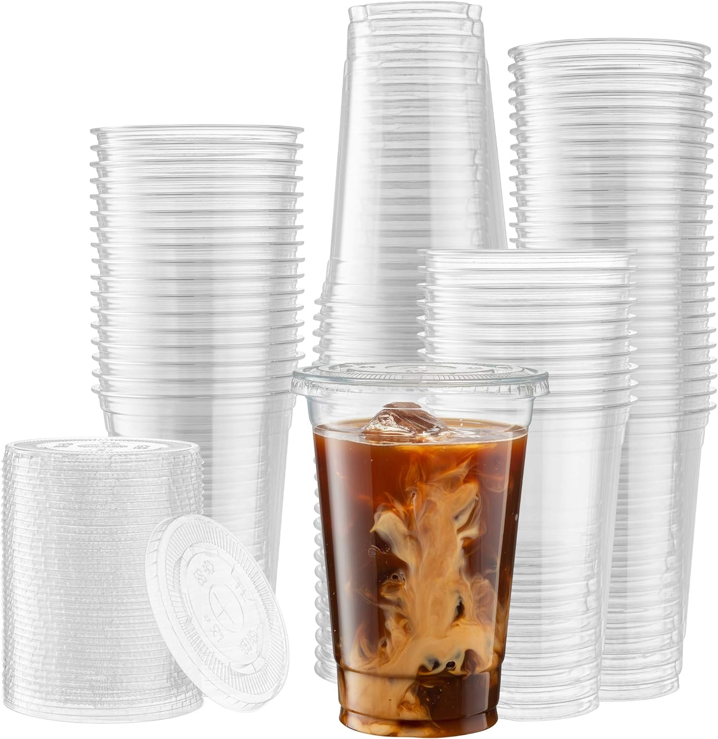 16 100 Pack Milkshake Cups 20 & 24 oz Crystal Clear PET Plastic Flat Lids With Straw Slot for 12