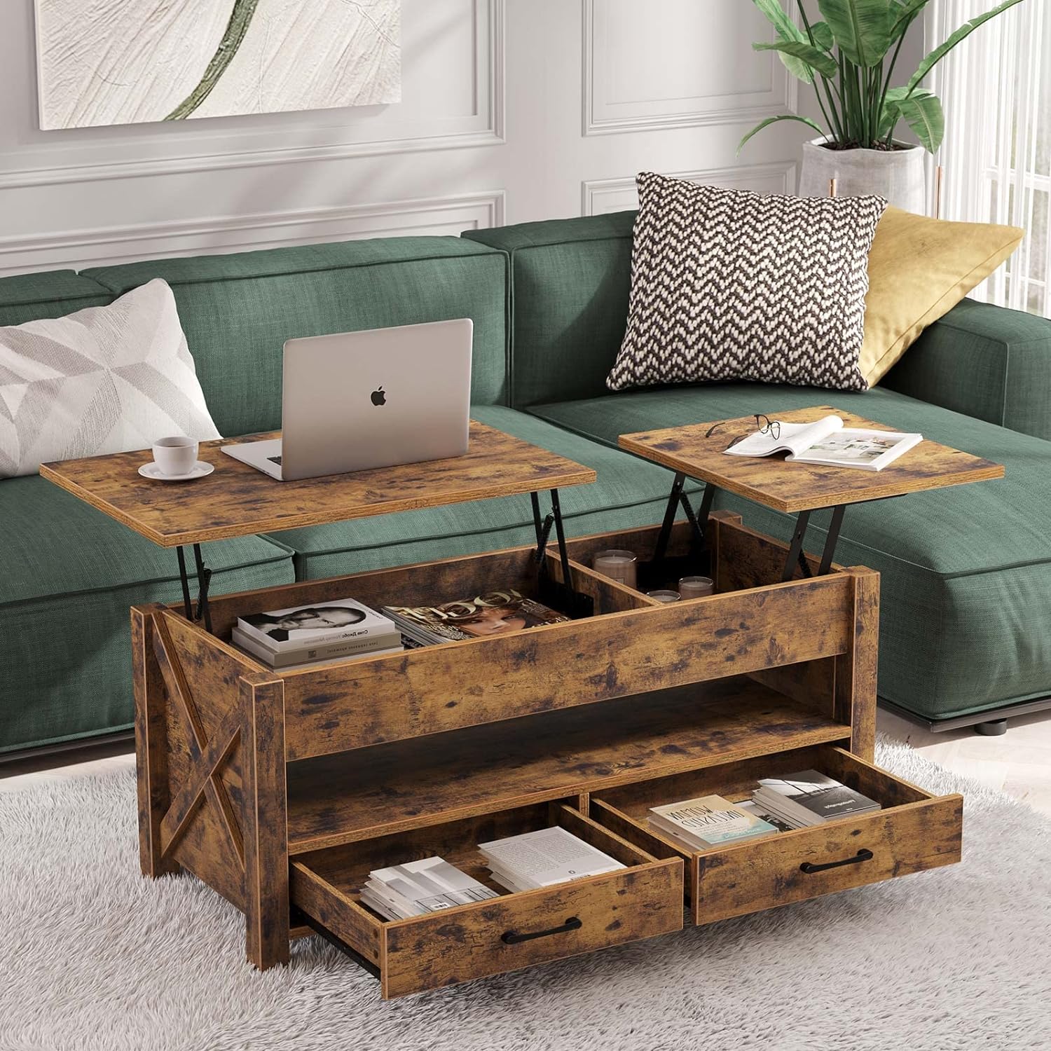 X Wood Farmhouse Support Seventable Lift Top Coffee Table 47.2 Coffee Table with Hidden Compartment Retro Center Table with Wooden Lift Tabletop for Living Room,Espresso