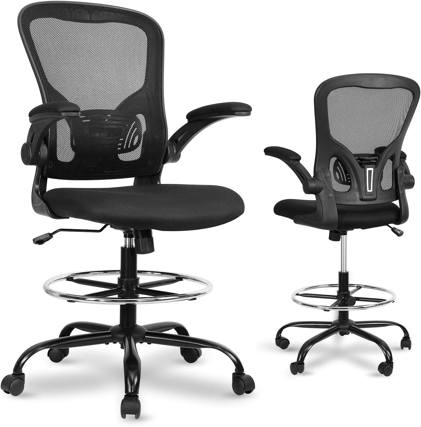 Ergonomic Tall Mesh Drafting Chair With Adjustable Swivel Seat in Black 