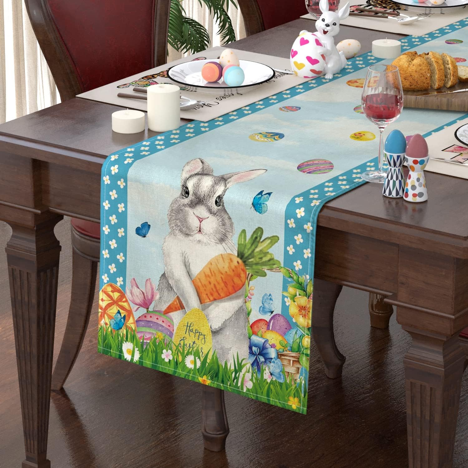 Oarencol Easter Bunny Egg Flower Table Runner Rabbit Watercolor Animal Double Sided 13x70 inch Polyester Table Cloth