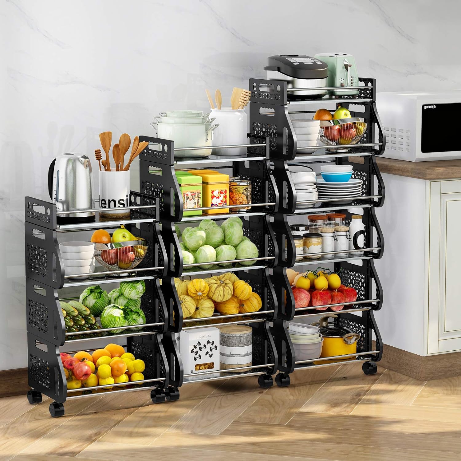 Hall Fruit Storage Basket Metal Stand Produce Organizer Rack Bin for Kitchen 6 Tier Stackable Snack Vegetable Onion Potato Storage Rolling Cart with Wheel Pantry Closet Bathroom